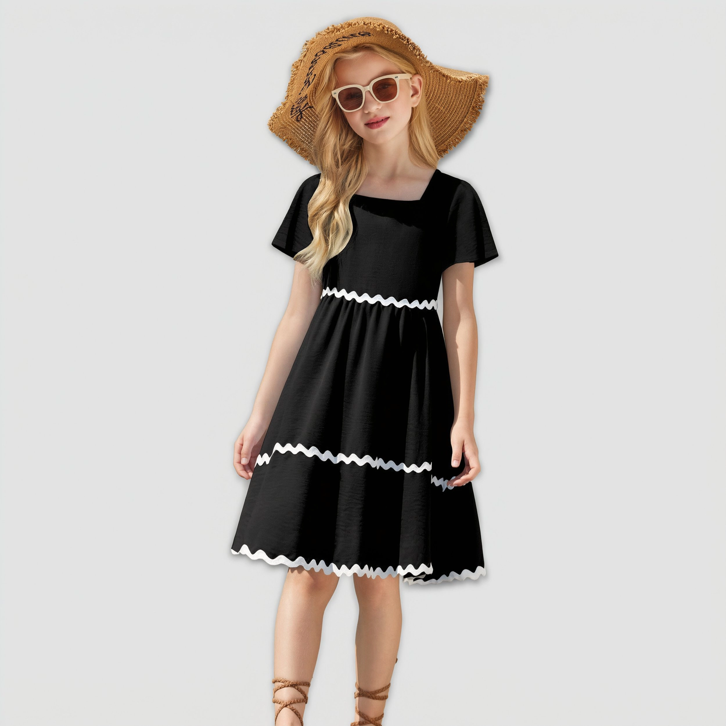 Arshiner Girls Summer Dress Flutter Ric Rac Tiered Short Sleeve Square Neck Casual Midi Dresses