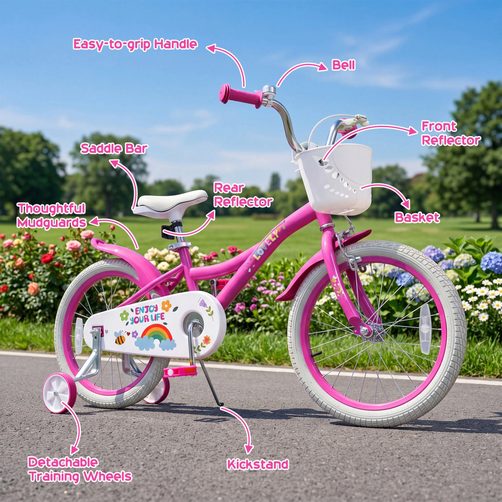 SUGIFT Adjustable 18-in Girls Bike Basket, Training Wheels & Reflectors 132-lb Seat Capacity Ages 4-8 Spring Party Pink