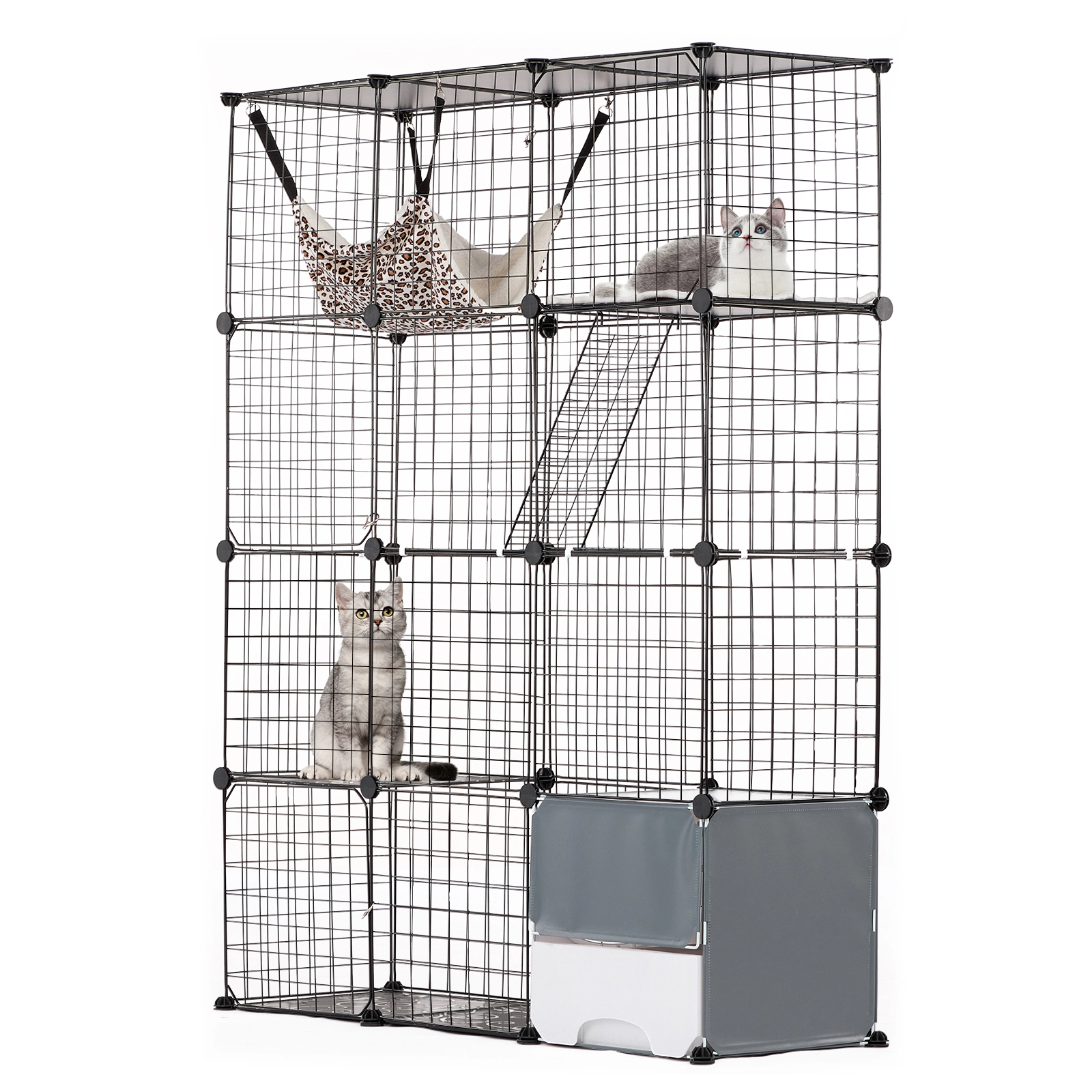 HONGGE 41 x 14 x 55 in 4-Tier Cat Cage with Litter Box, Hammock & Ramp, Indoor/Outdoor Enclosure, Black