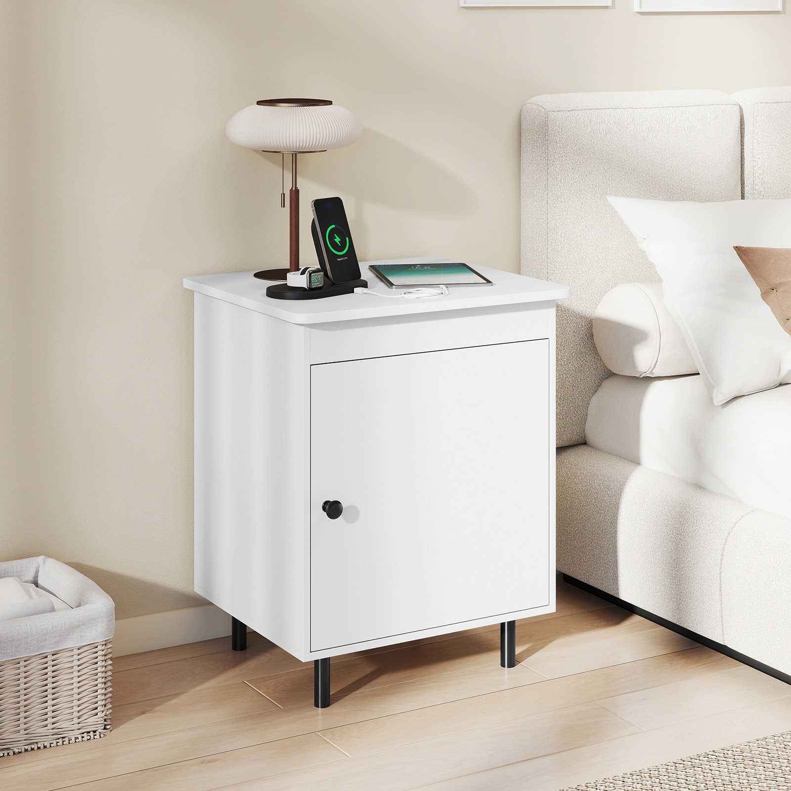 Glintex Mid-Century Nightstand with Enclosed Cabinet and 2 Anti-Tipping Kits, White