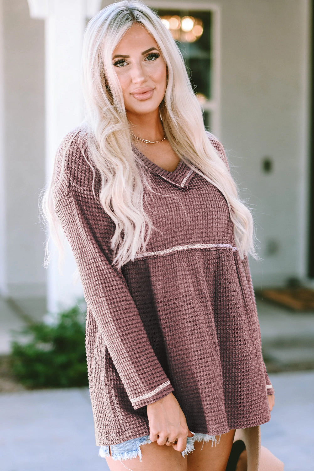 Threaded Pear Liana Waffle Knit V Neck Long Sleeve Babydoll Top