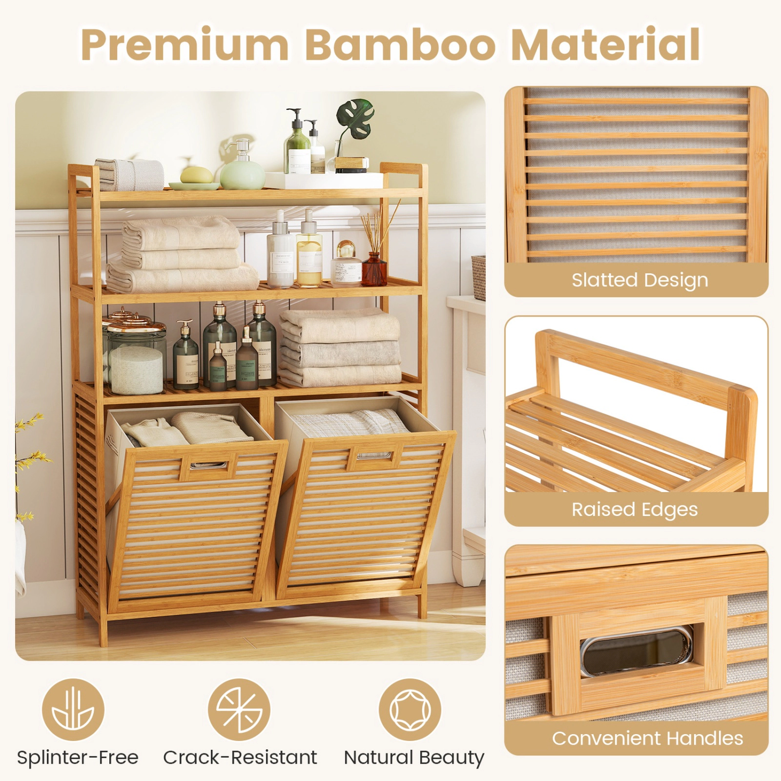 SUGIFT Natural Bamboo Double Tilt-Out Laundry Hamper with 3 Shelves and 2 Removable 7-gal Baskets