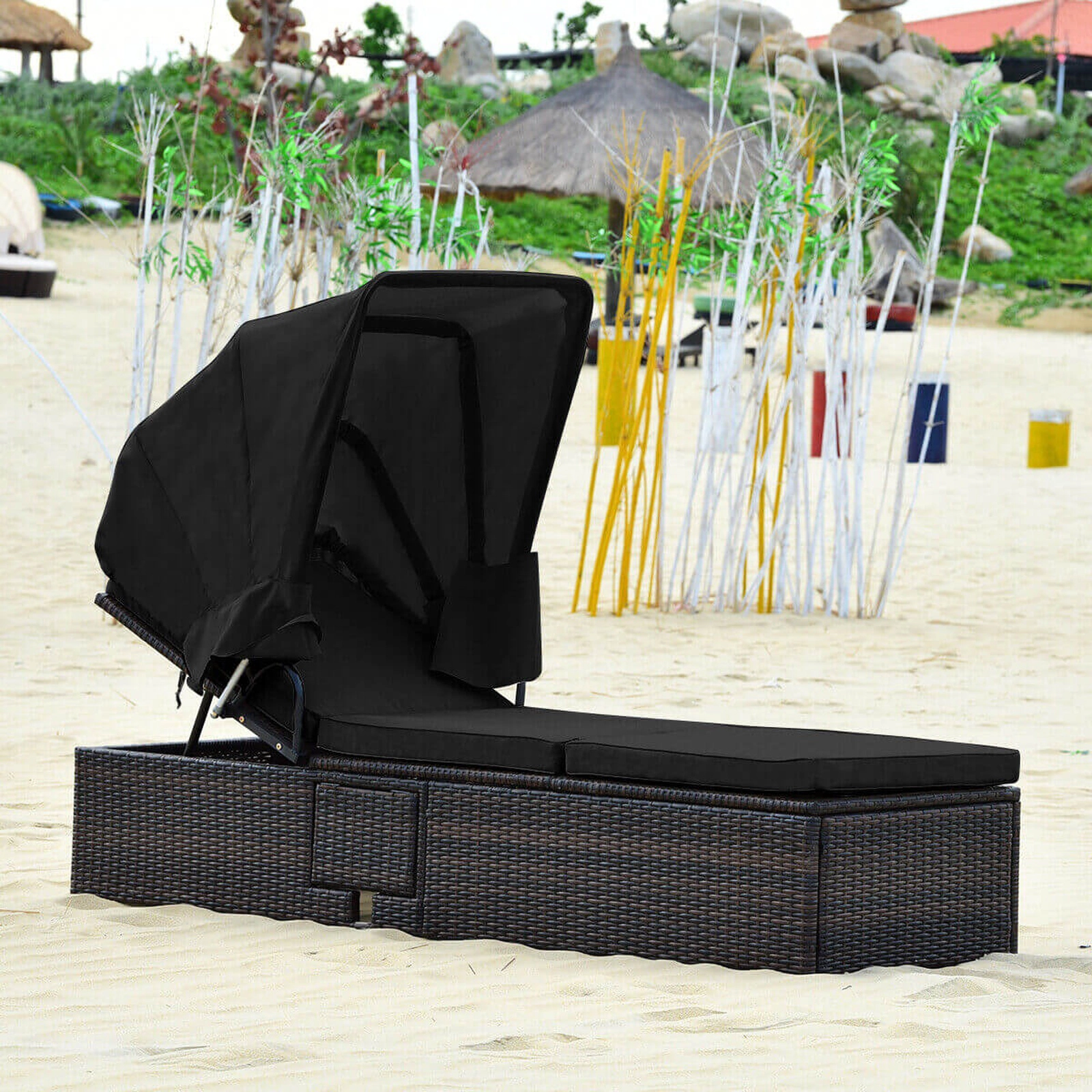 SUGIFT Outdoor Chaise Lounge Chair with Retractable Canopy, 5-Position Backrest, Black