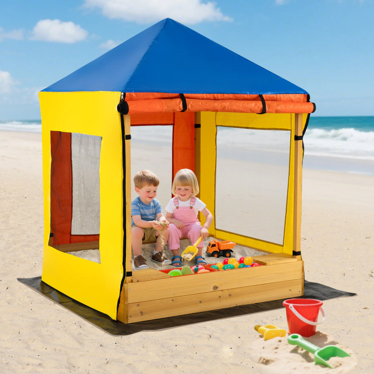 Hivvago Kids Wooden Sandbox with Canopy Large Sand Pit with Mesh Windows and Bottom Liner