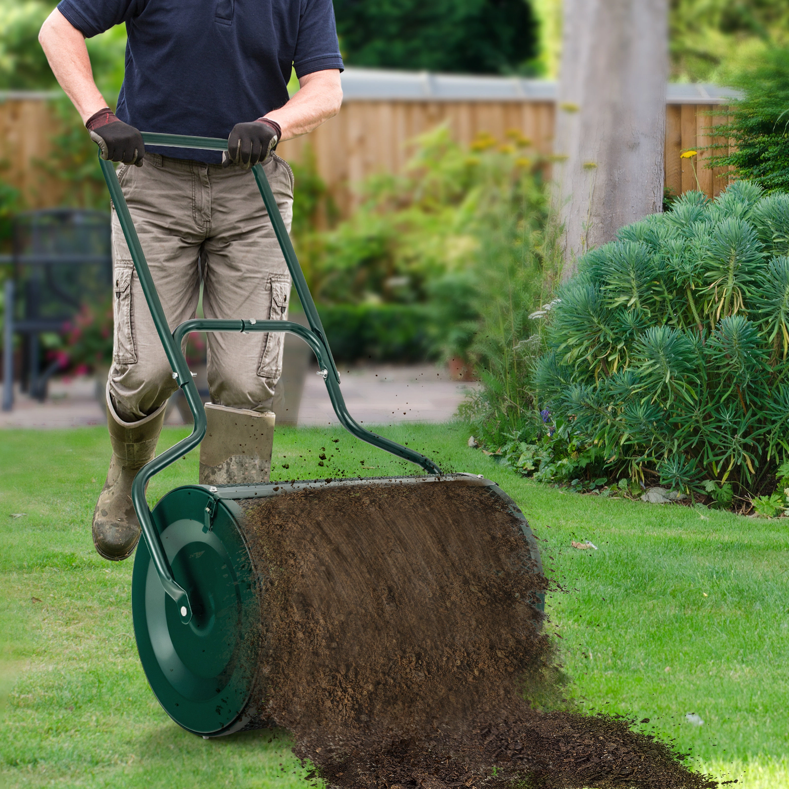 SUGIFT Green 24-in Peat Moss Spreader Roller with 2.7-cu ft Mesh Drum U-Shaped Handle and Side Latches