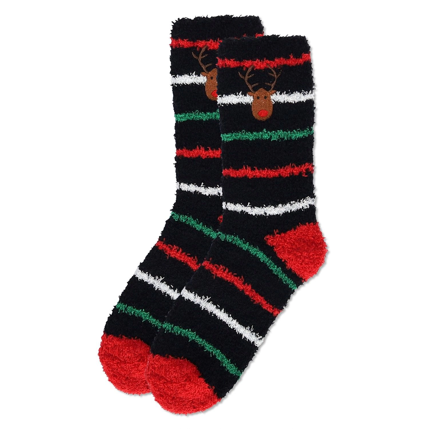 MeMoi Women's Striped Reindeer Embroidery Cozy Crew Socks