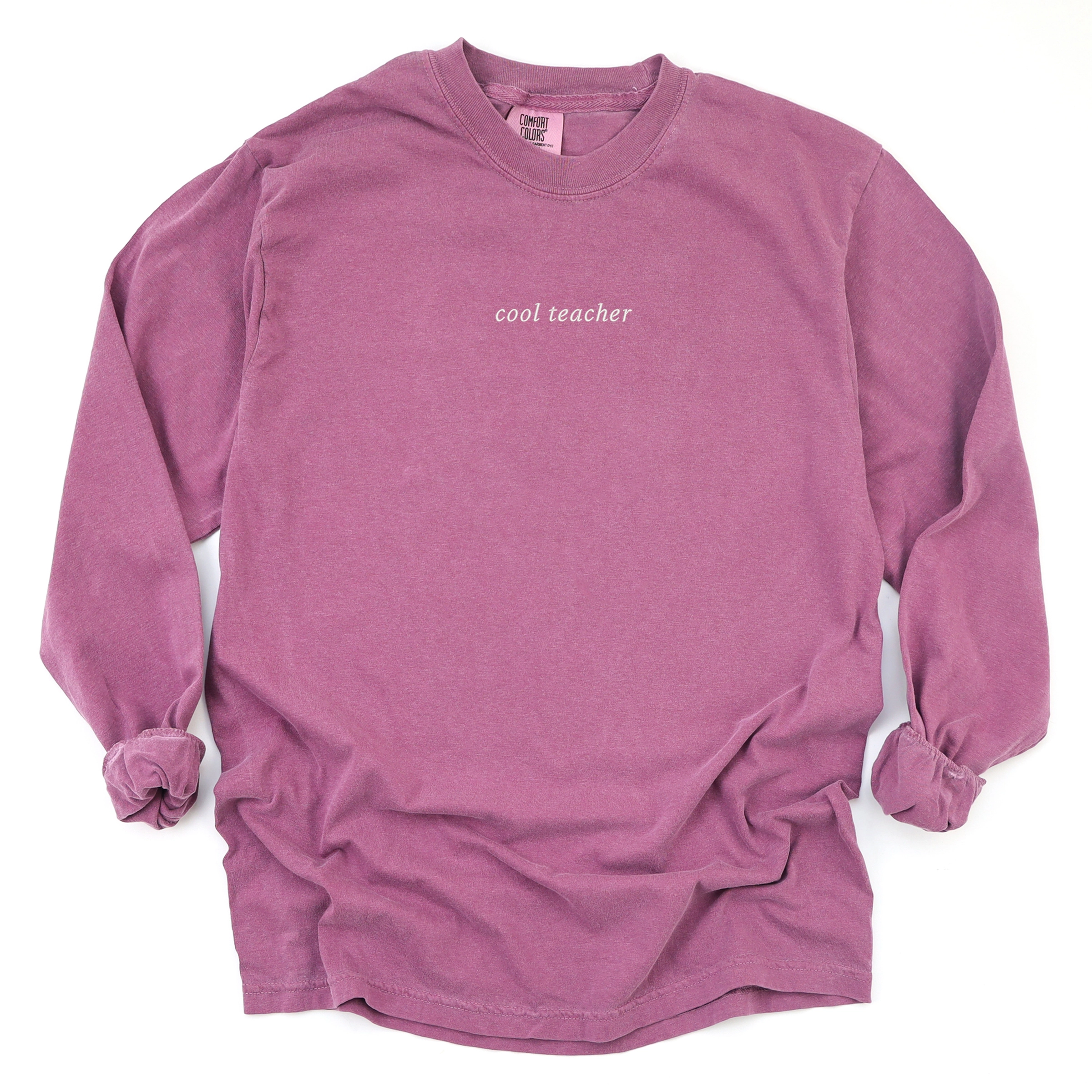 Simply Sage Market - Embroidered Cool Teacher Women's Garment Dyed Long Sleeve Graphic T-Shirt