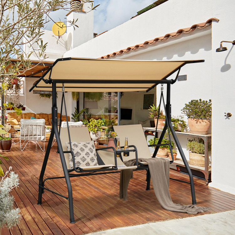 Hivvago 2-Seat Outdoor Cushioned Porch Swing With Adjustable Canopy And Tempered Glass Table