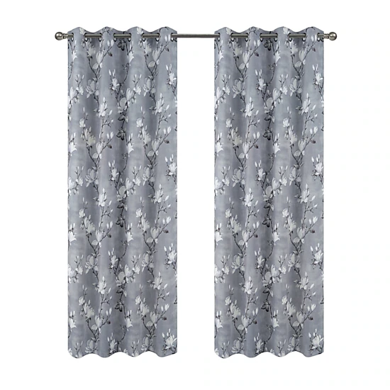 Olivia Gray 100% Polyester 200 GSM Blossom Printed Blackout Grommet Curtain Panel 54" x 90" Grey