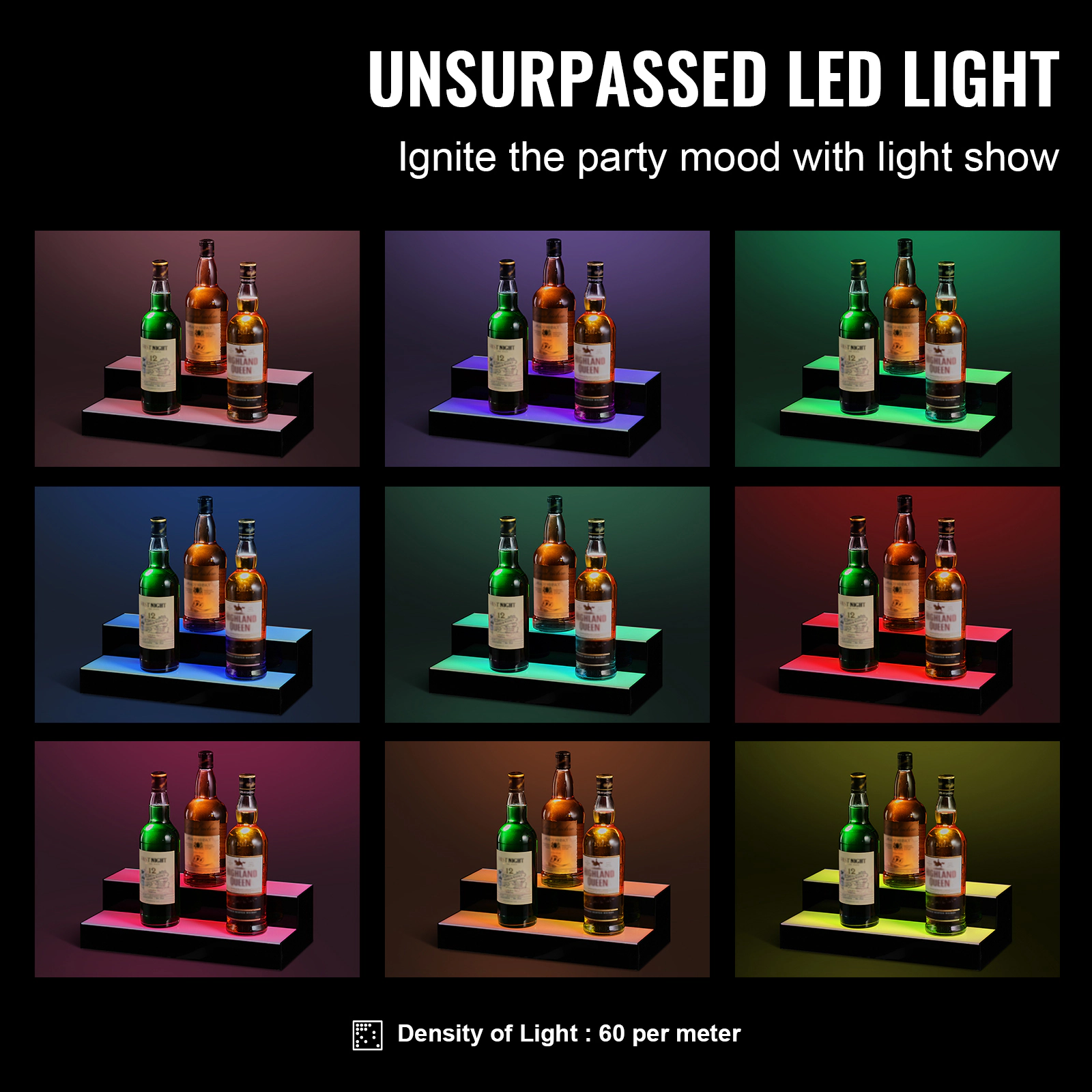 HONGGE LED Lighted Liquor Bottle Display Commercial Illuminated Home Bar Shelf Whiskey Rack Stand Acrylic Drink Shelves
