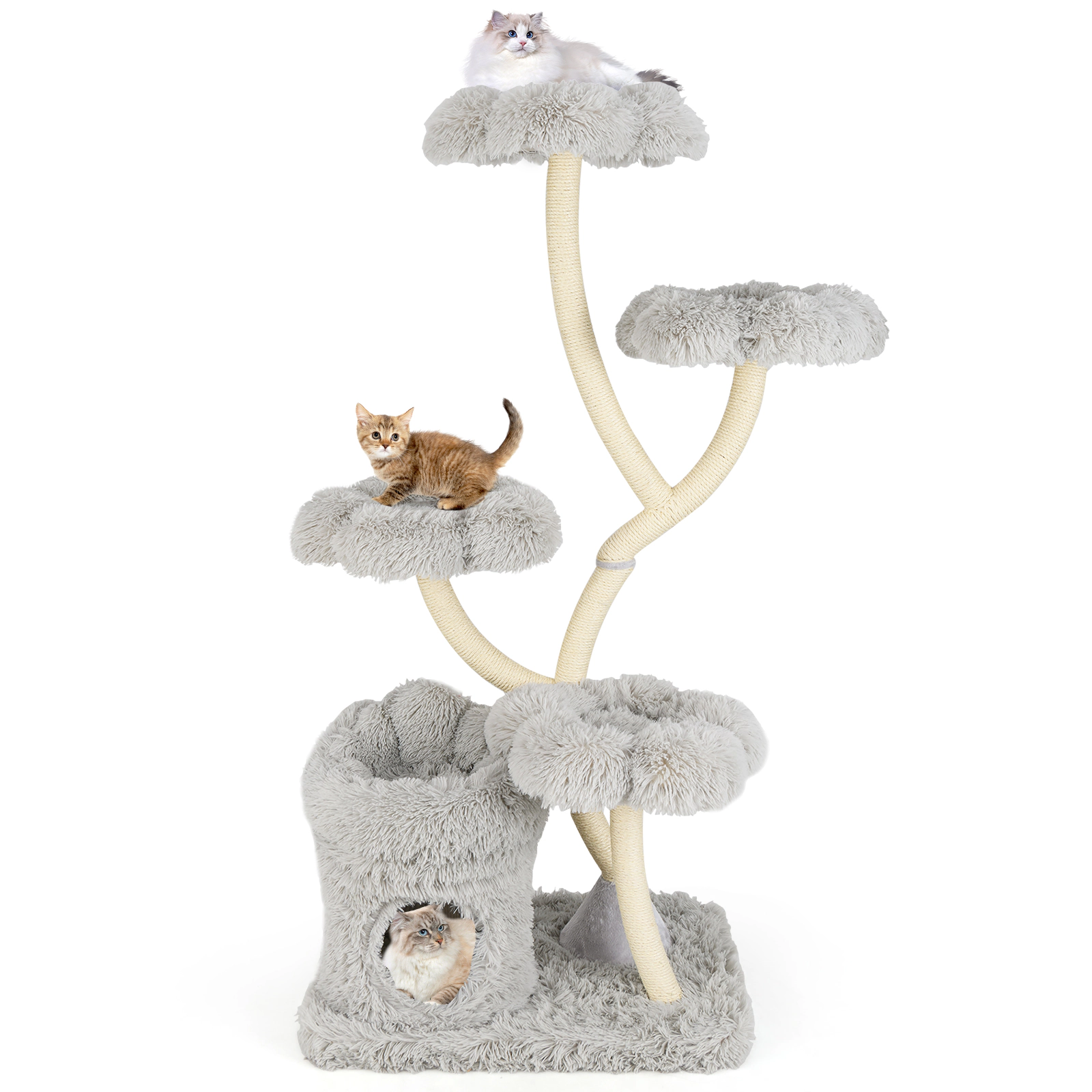 SUGIFT 4-Tier Freestanding Cat Tree Tower with Flower-Shaped Platforms and Sisal Posts 28.5-lb Capacity White/Gray