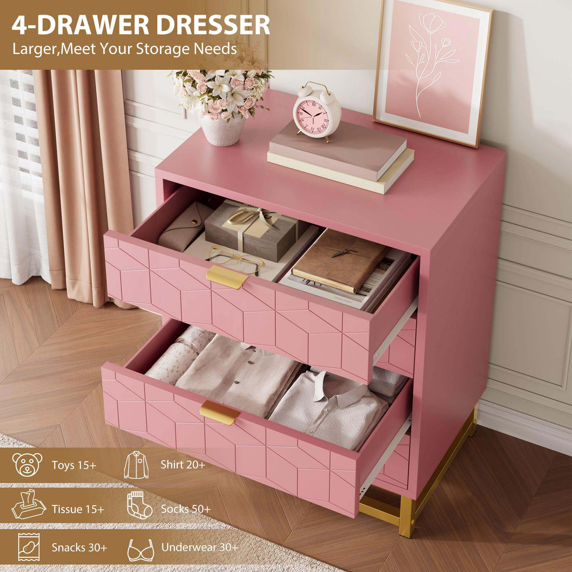 Modern 4 Drawer Dresser with Gold Metal Handles, Storage Cabinet for Bedroom Living Room Hallway