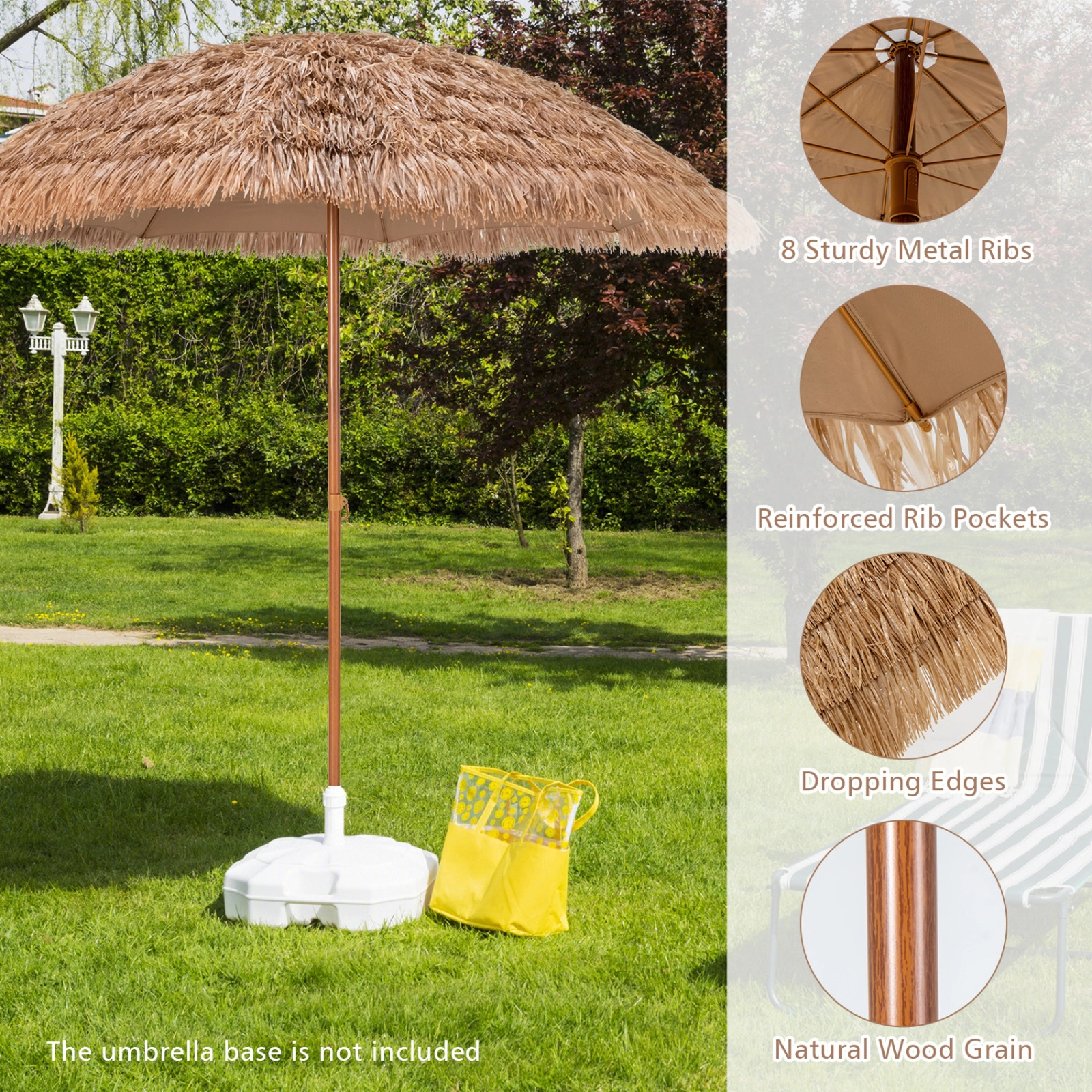 SUGIFT 8-ft Natural Thatched Tiki Hawaiian Hula Patio Beach Umbrella with 7-Layer Thatch and 8 Steel Ribs