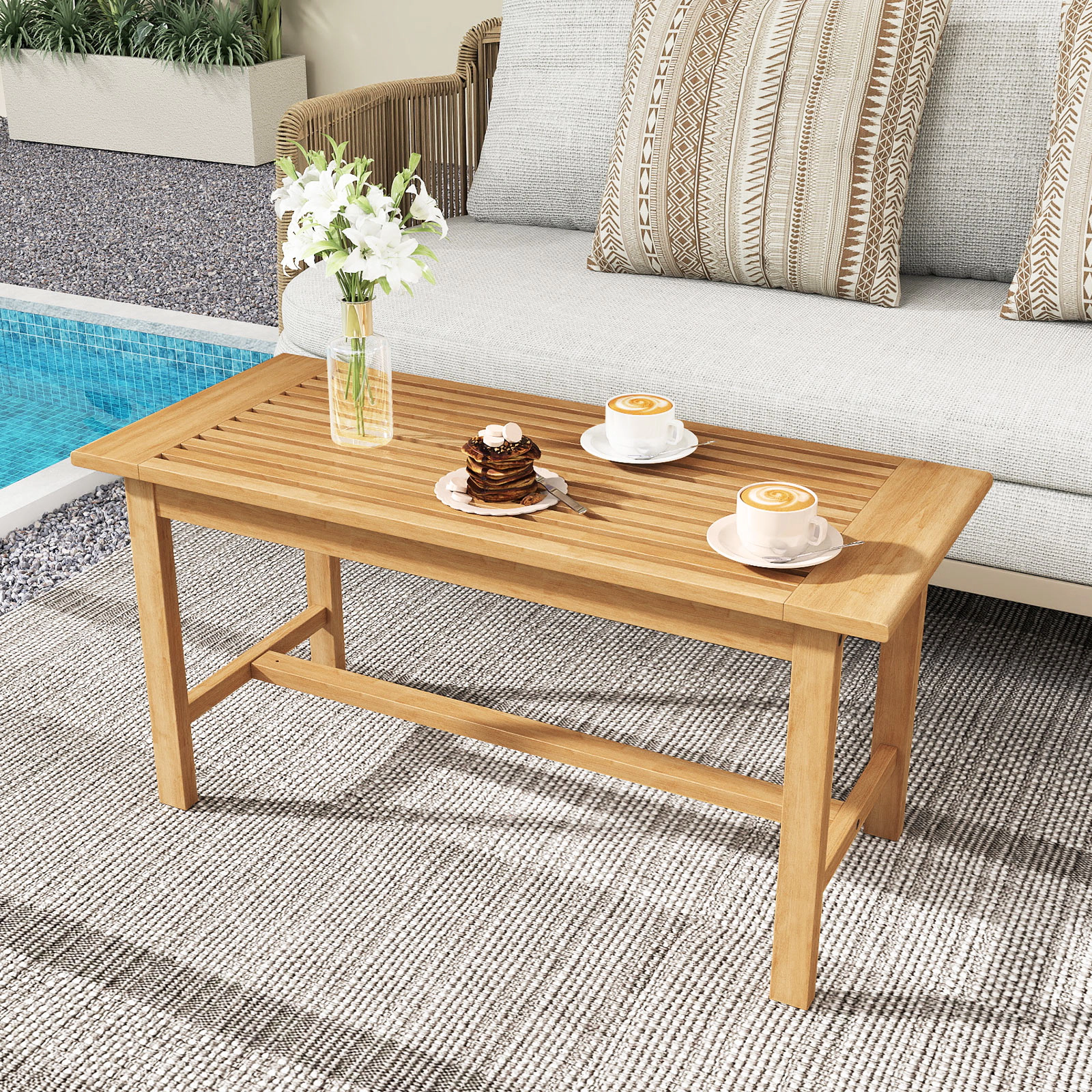 SUGIFT 36-In Teak Wood Outdoor Patio Coffee Table, Slatted Top, 145-Lb Capacity