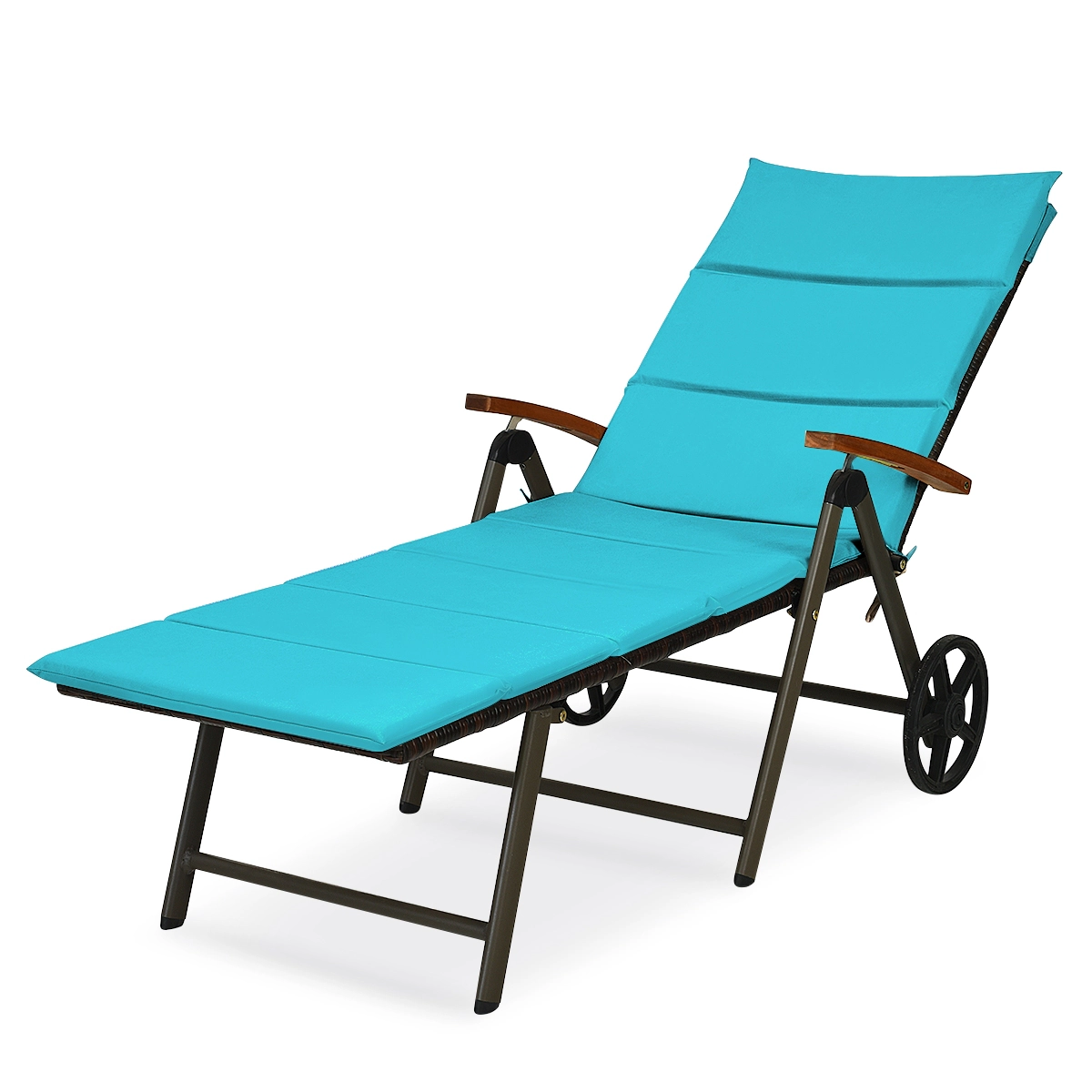 SUGIFT Adjustable Folding PE Rattan Outdoor Chaise Lounge Recliner Chair Cushion 385-lb Capacity 73-in Frame Turquoise