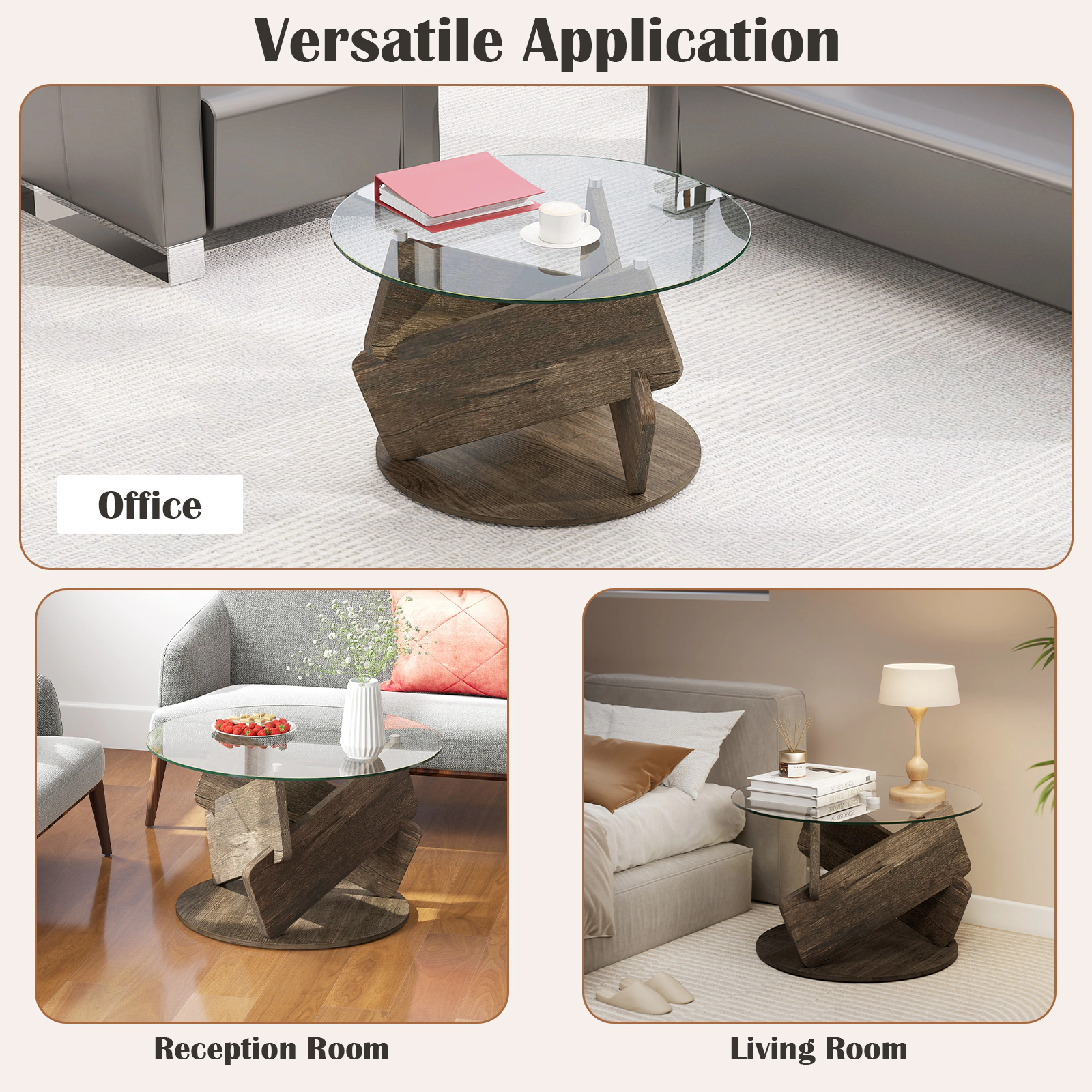 Glintex 32-Inch Round Coffee Table with Tempered Glass Top and Wood Base, Gray