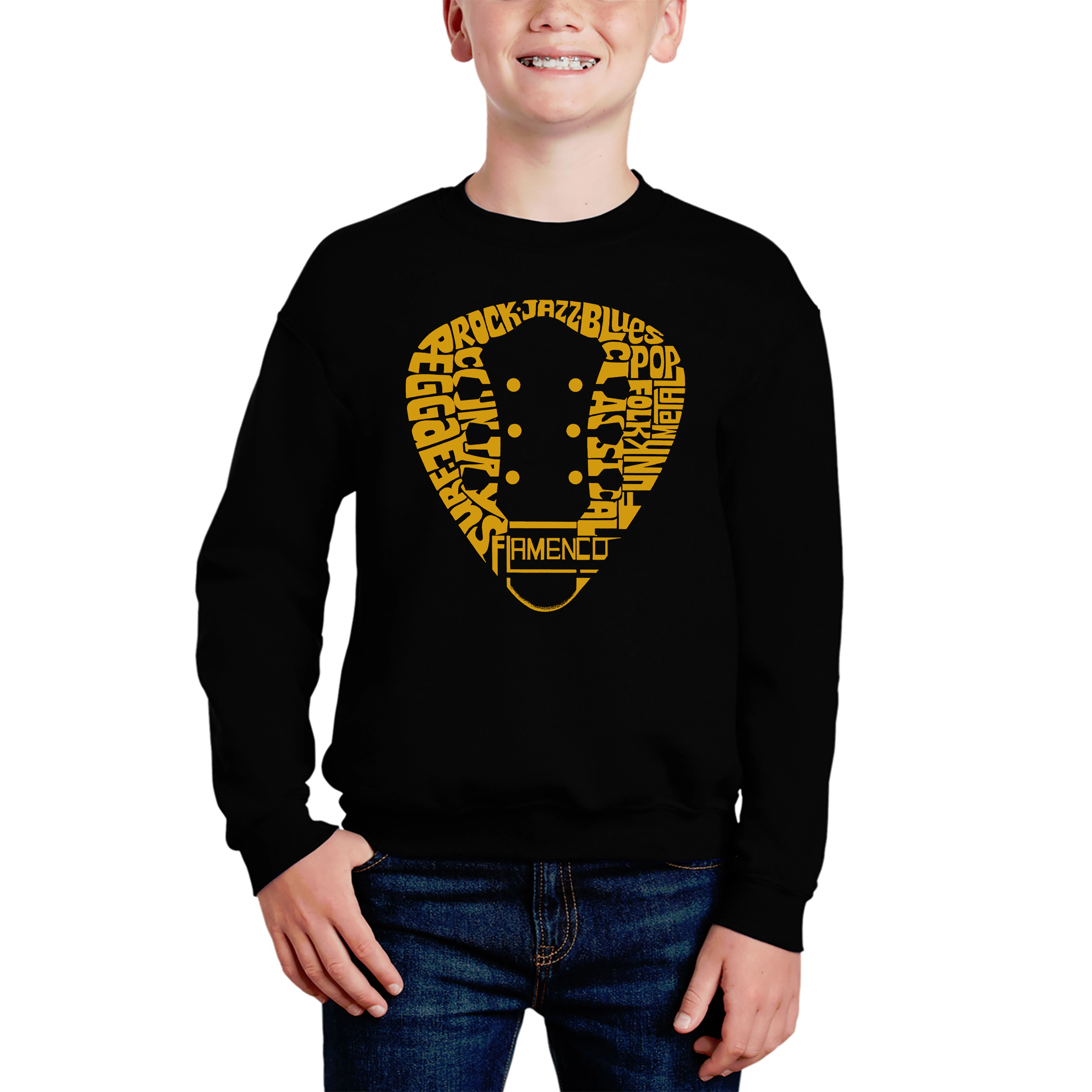 LA Pop Art Boy's Word Sweatshirt - Guitar Pick Genres