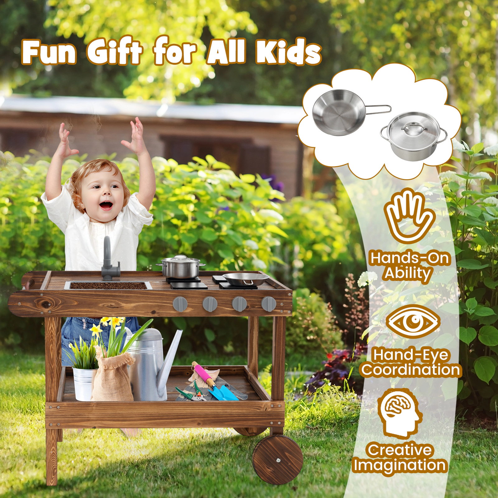 SUGIFT Movable Kids Wooden Mud Kitchen with Faucet Sink 4 Stoves 2 Rolling Wheels and Push Handle