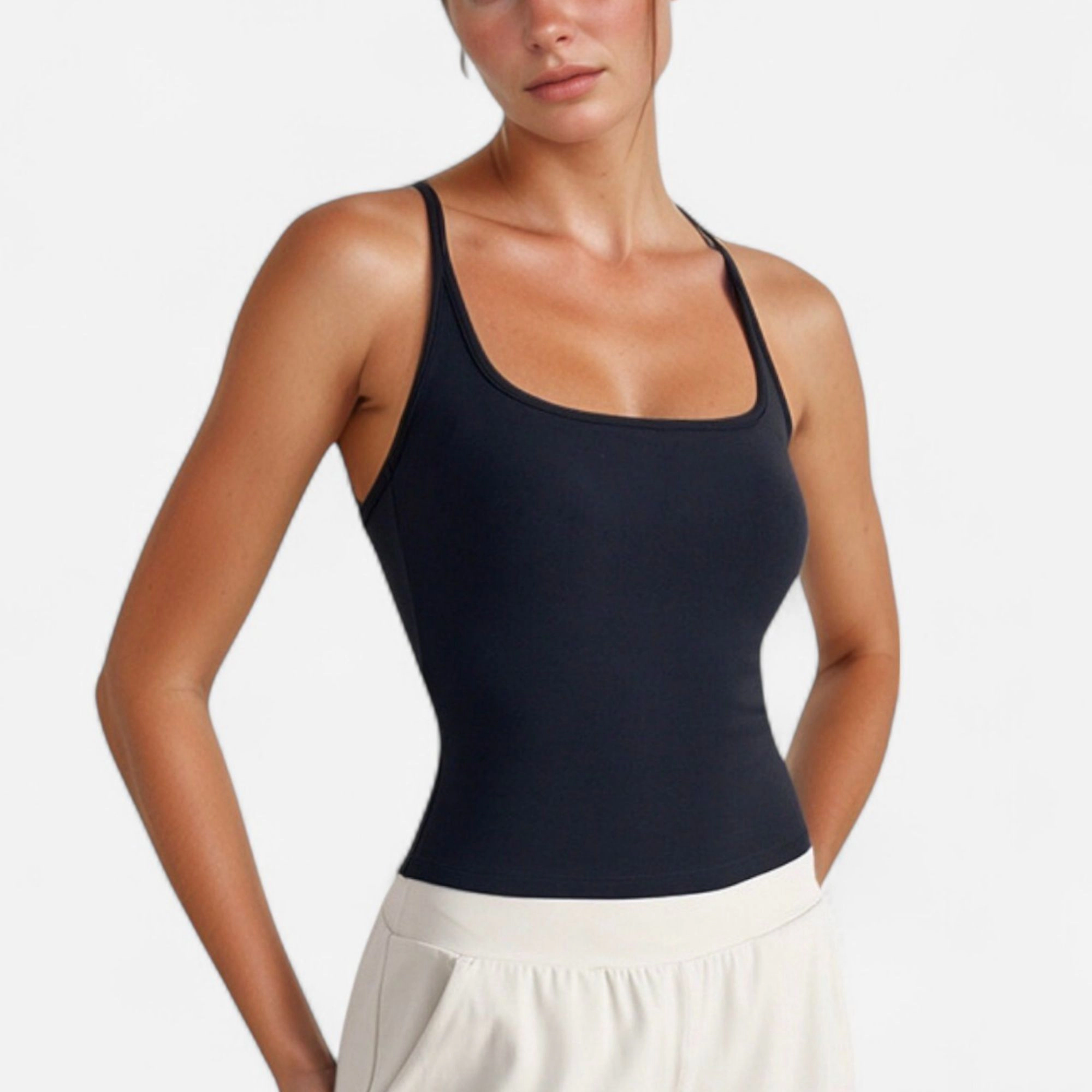 Anna-Kaci Women's Fitted Square Neck Tank Top with Built-In Bra and Racerback Design for Active Casual Comfort