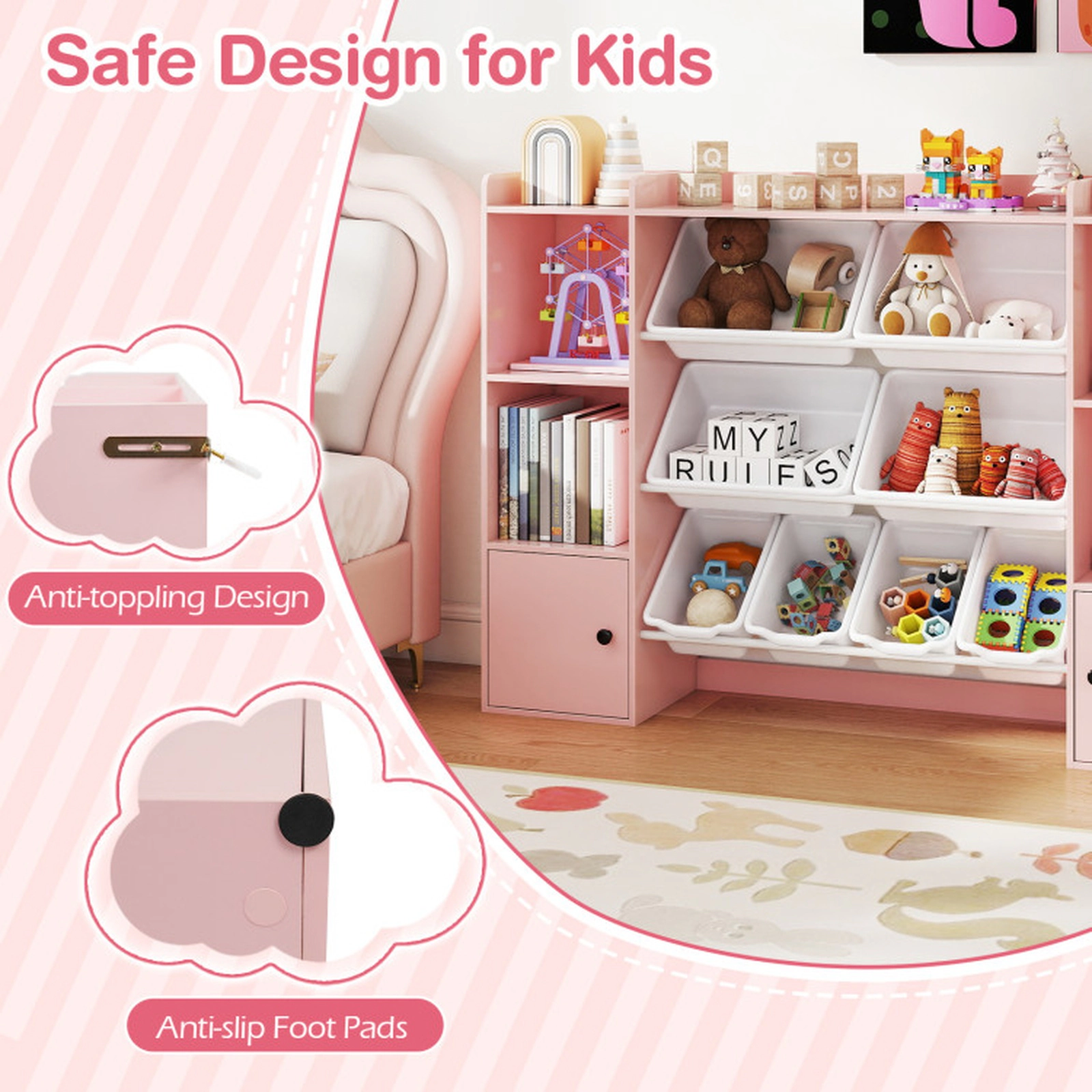 SUGIFT Kids Toy Storage Cabinet and Bookshelf Toy Organizer 385-lb Capacity Ages 3+ with Boxes and Open Shelves Pink