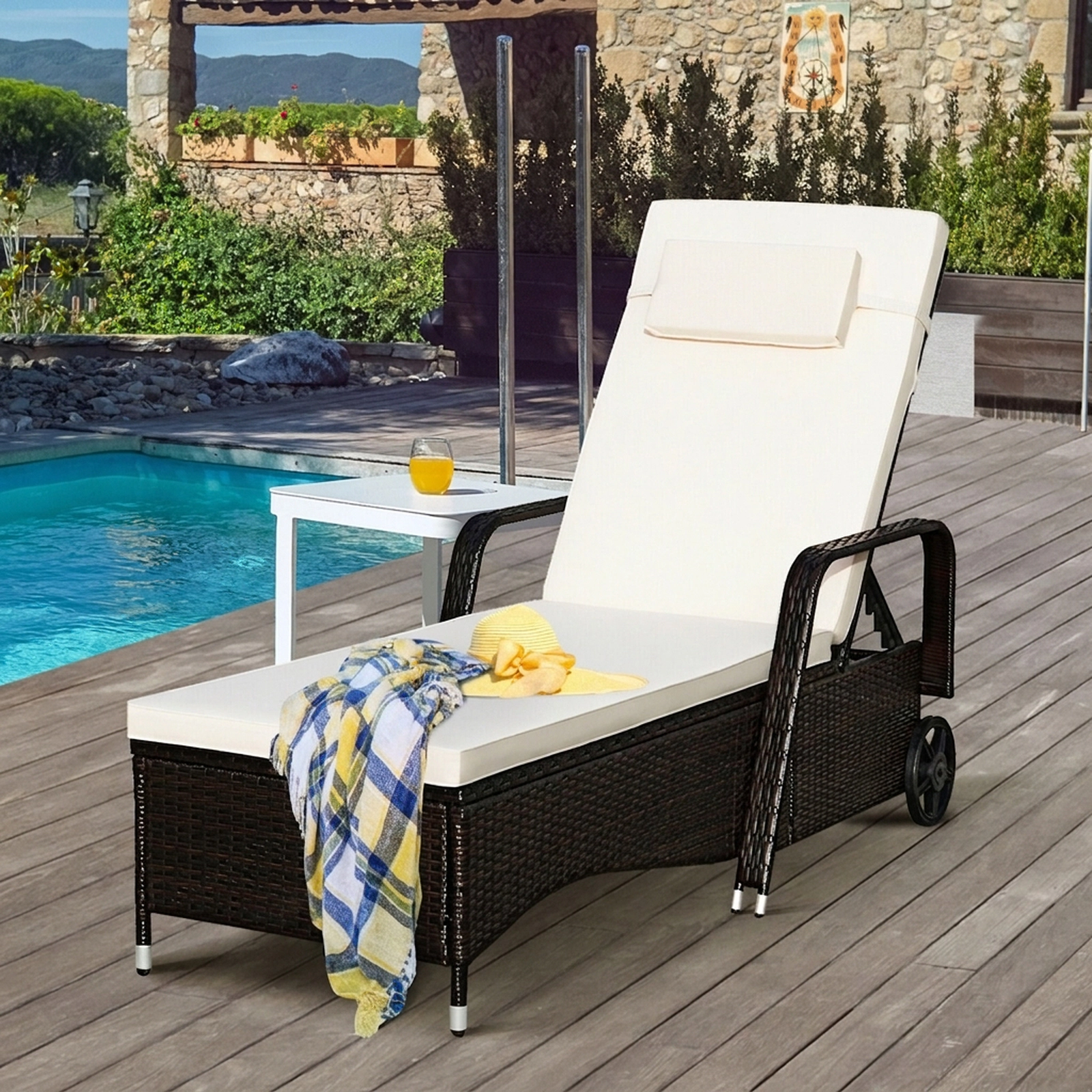 SUGIFT Brown Outdoor Chaise Lounge, PE Rattan, Galvanized Steel Frame, 6-Position Reclining Backrest