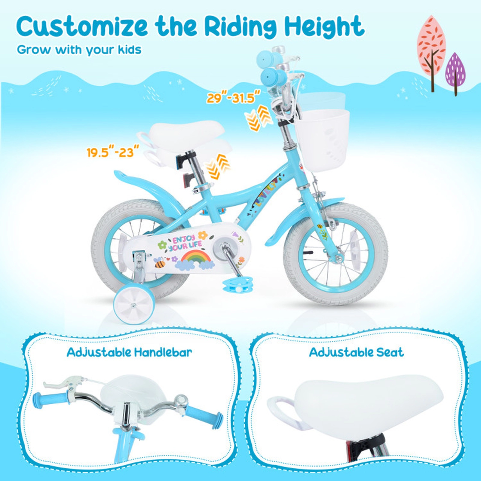 SUGIFT Adjustable 14-In Girls Bike with Training Wheels, Basket and Bell 110-lb Seat Capacity Ages 3-5 Blue