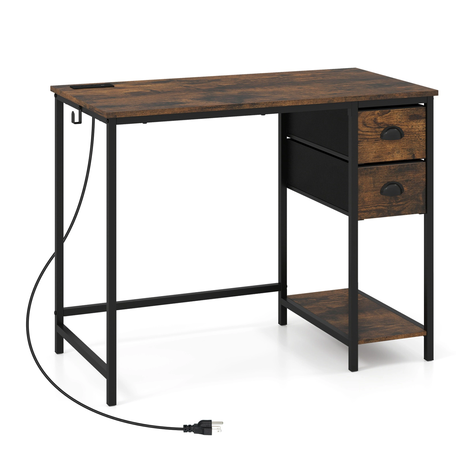 SUGIFT 38 in Computer Desk Rustic Brown with Charging Station and 2 Fabric Drawers