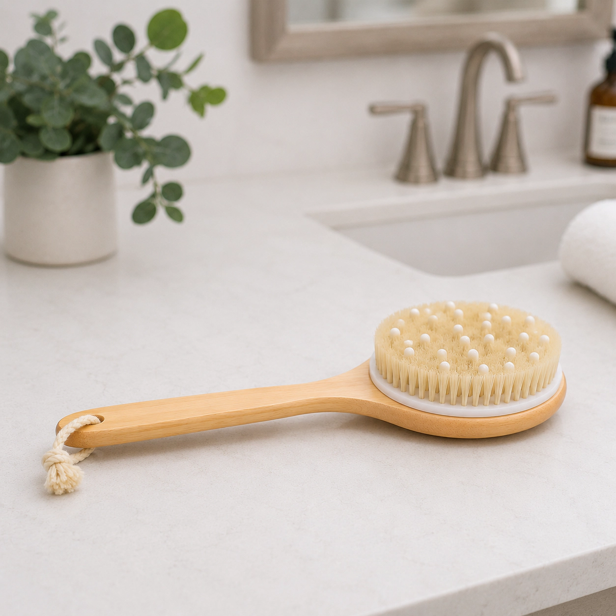 Pursonic Unisex Natural Wood Body Massage Brush with Boar Bristle & Rubber Massager Lotus Wooden Handle