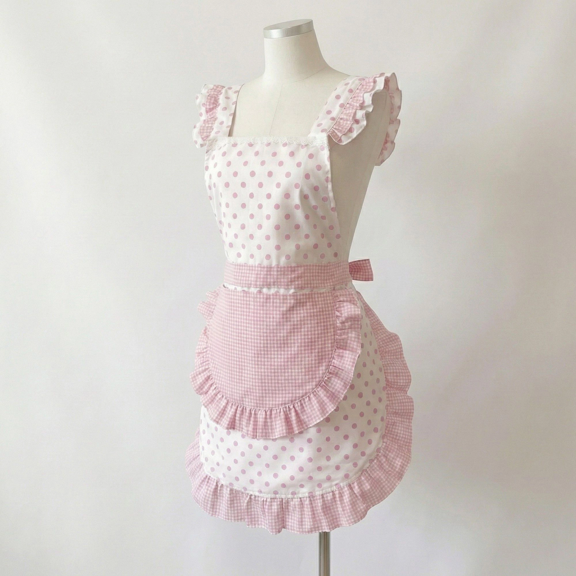 Alilang Unisex Polka Dot Gingham Ruffle Trim Kitchen Apron with Adjustable Straps and Front Pocket