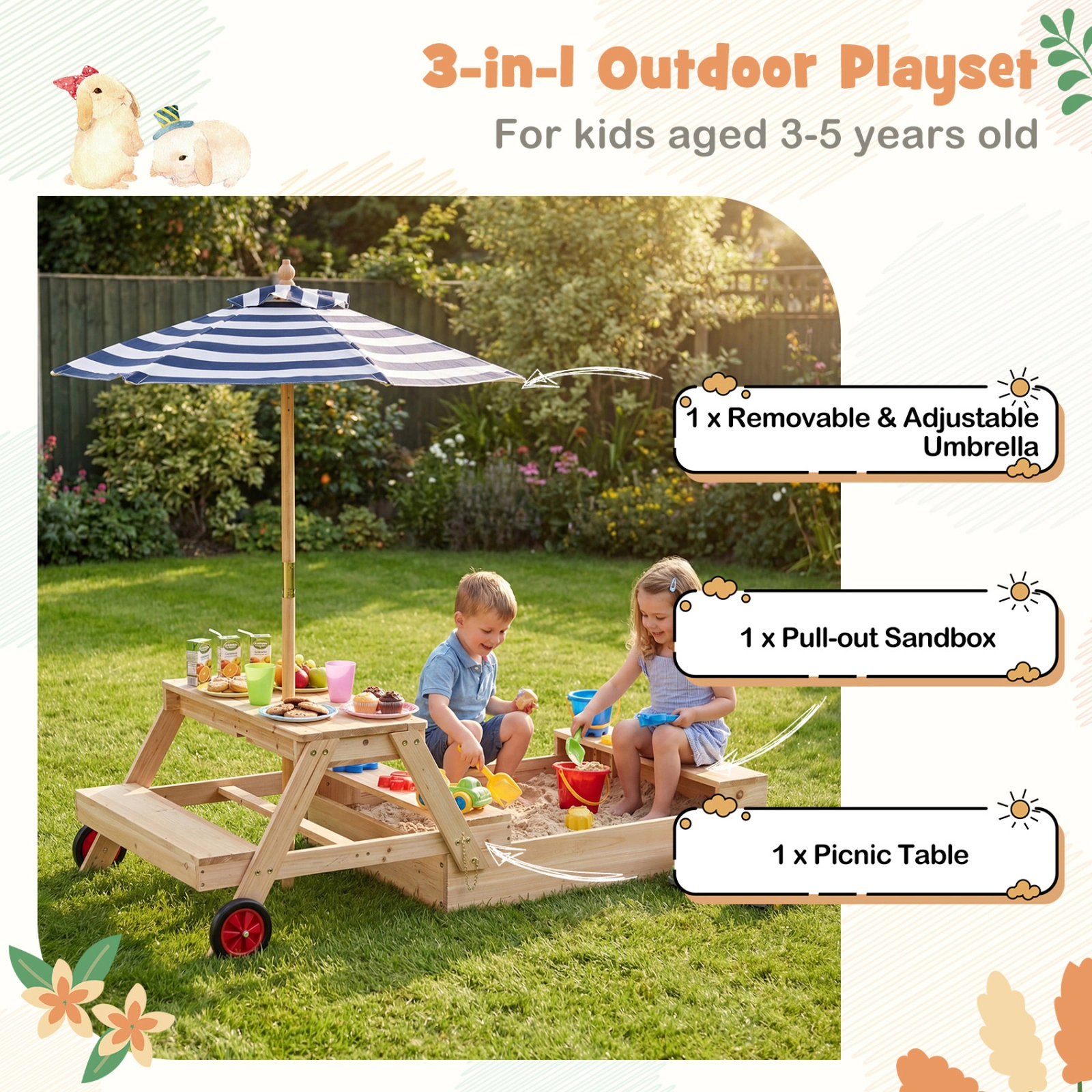 SUGIFT Blue Foldable Umbrella and Picnic Table 2-in-1 Kids Wooden Sandbox