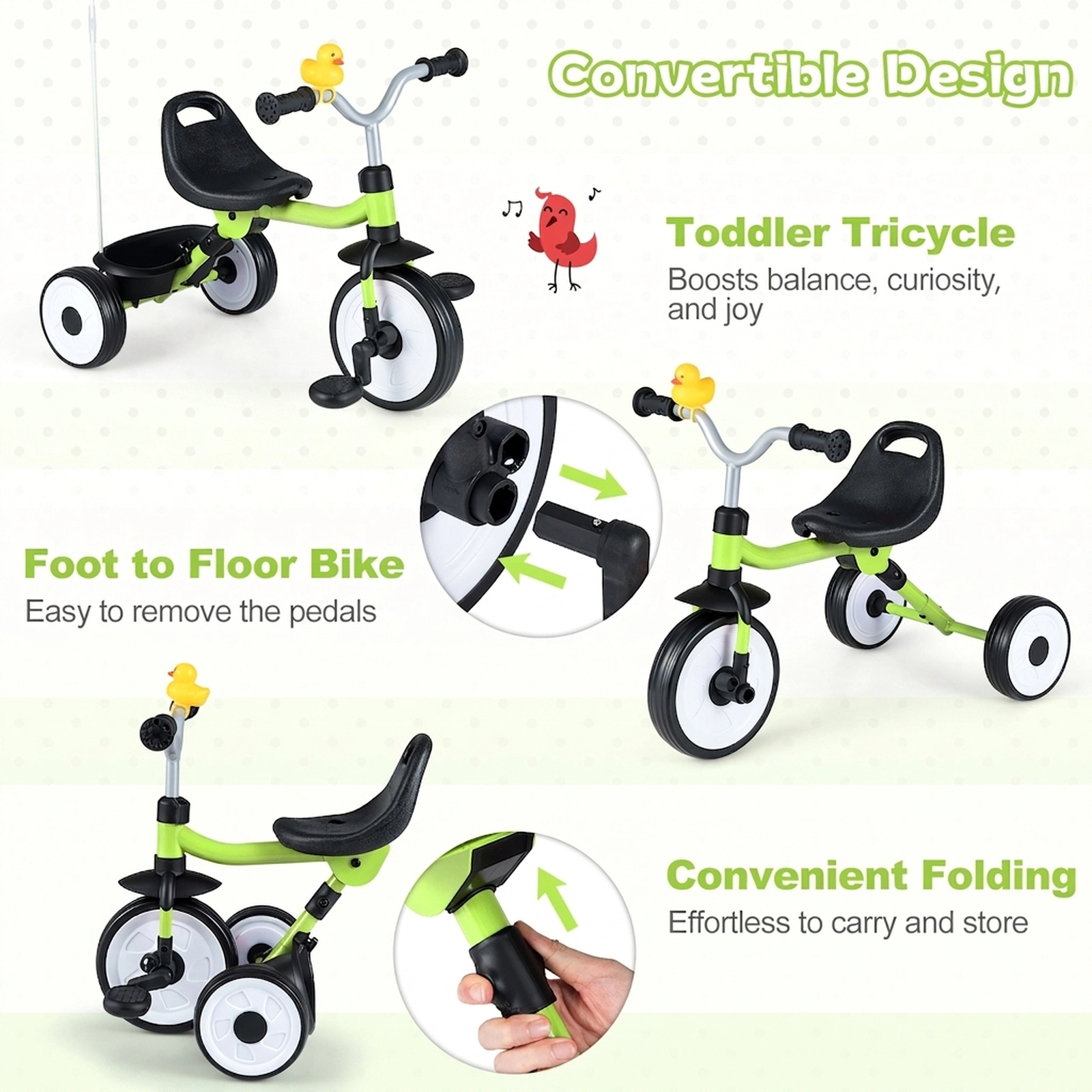 SUGIFT Folding Toddler Tricycle with 3-Position Seat Storage Basket and Lighted Wheels 45-lb Capacity Ages 1-3 Green