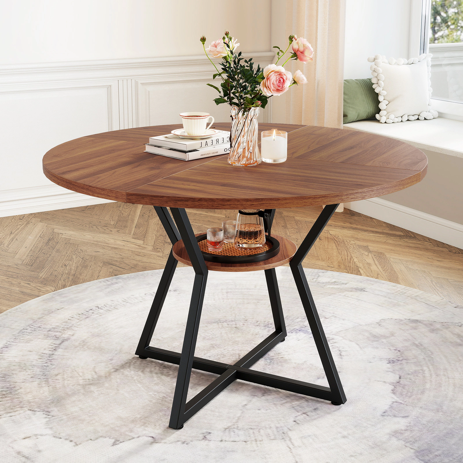 LJG 47" Round Dining Table for 4 with Storage Shelf