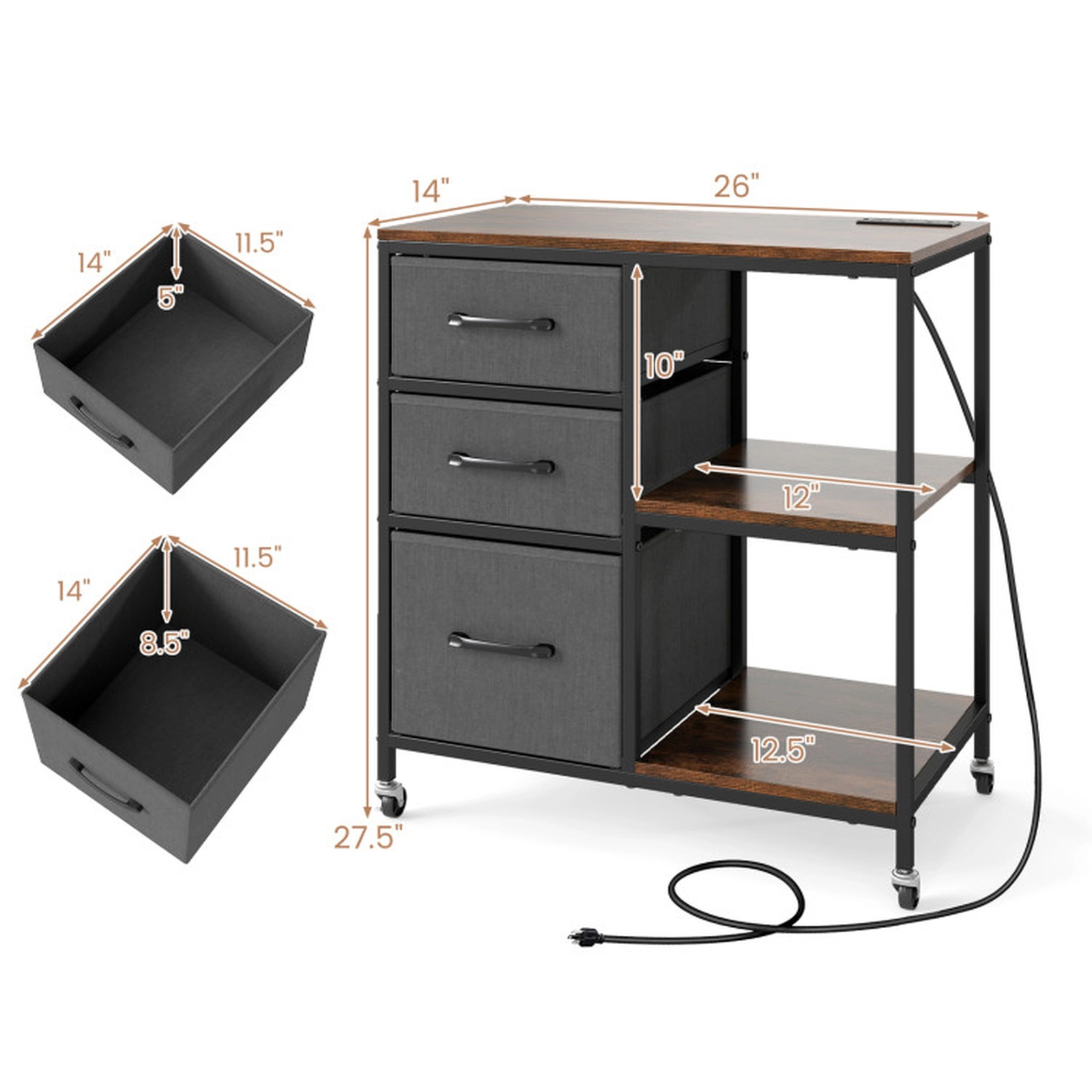 SUGIFT 3-Drawer Mobile File Cabinet with Charging Station and Open Shelves 44-lb Countertop Rustic Brown and Gray