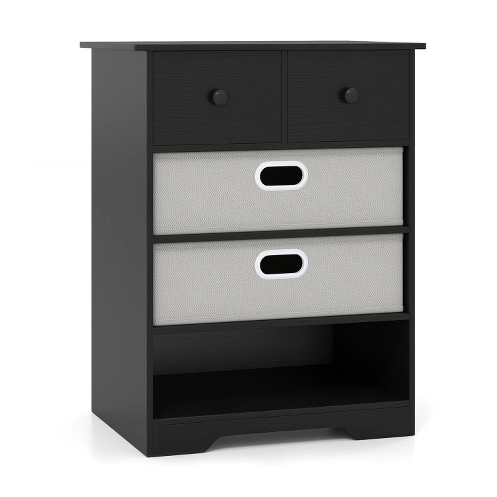 SUGIFT 4-Drawer Dresser Modern Accent Cabinet Storage Organizer with Open Shelves 100-lb Tabletop Capacity Black + Gray