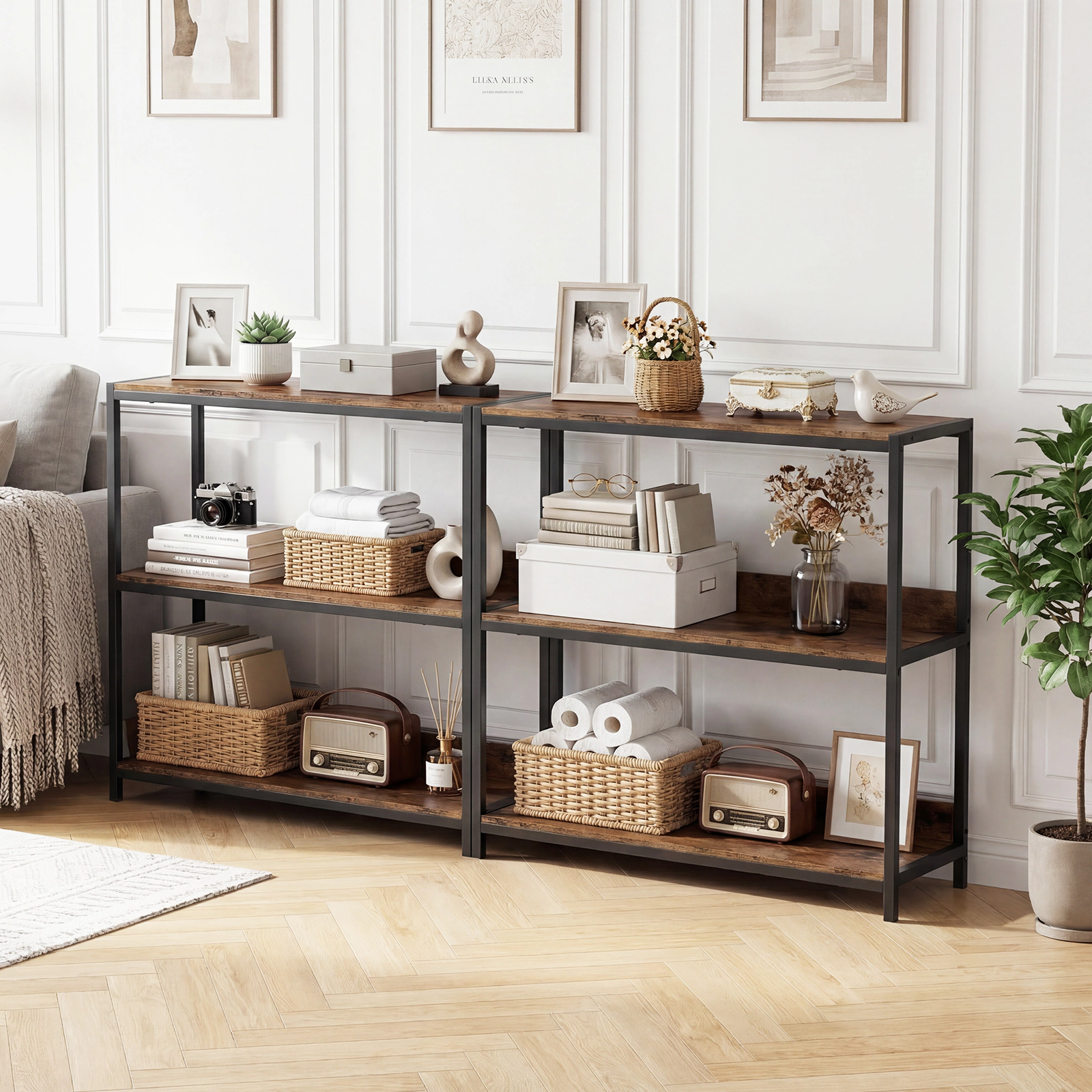 Costway 2 PCS 3-Tier Bookshelf, Industrial Small Bookcase with Wooden Shelves & Metal Frame