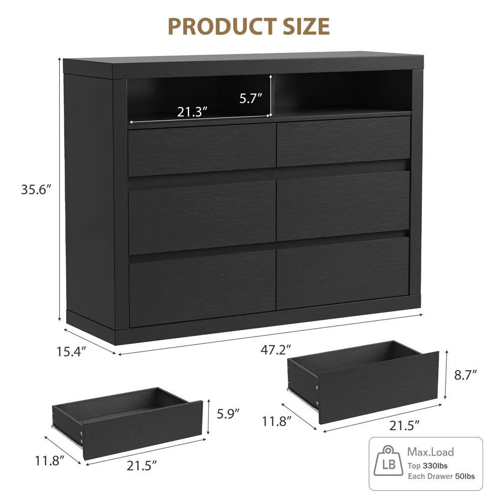 6 Drawer Modern Wooden Dresser with 2 Open Shelves, 47" Wide Handleless Storage Chest for Bedroom