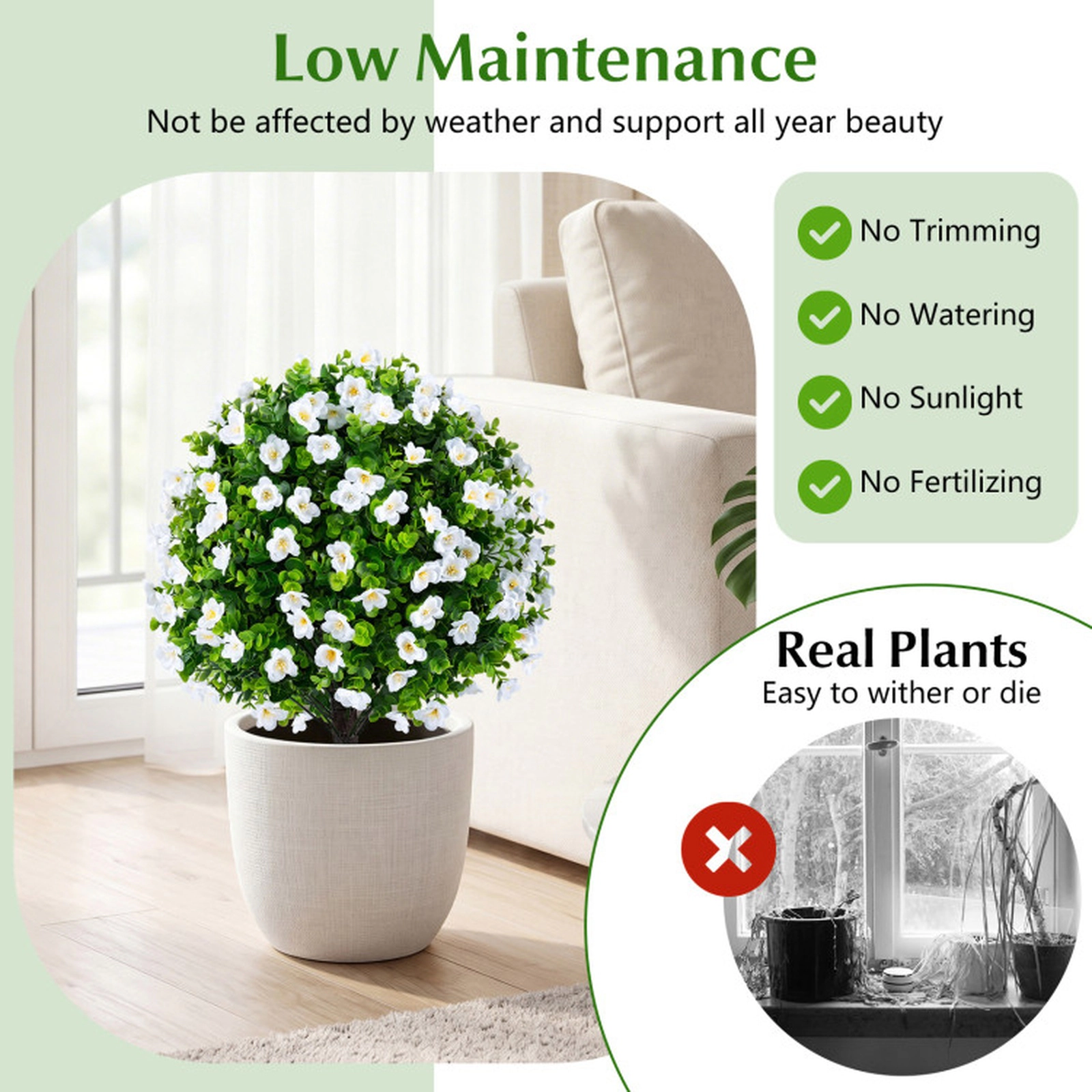 SUGIFT 2-Pack Blossom Accent Cement Planter Artificial Eucalyptus Topiary Trees 23-in Tall 6-in x 5-in Pot White