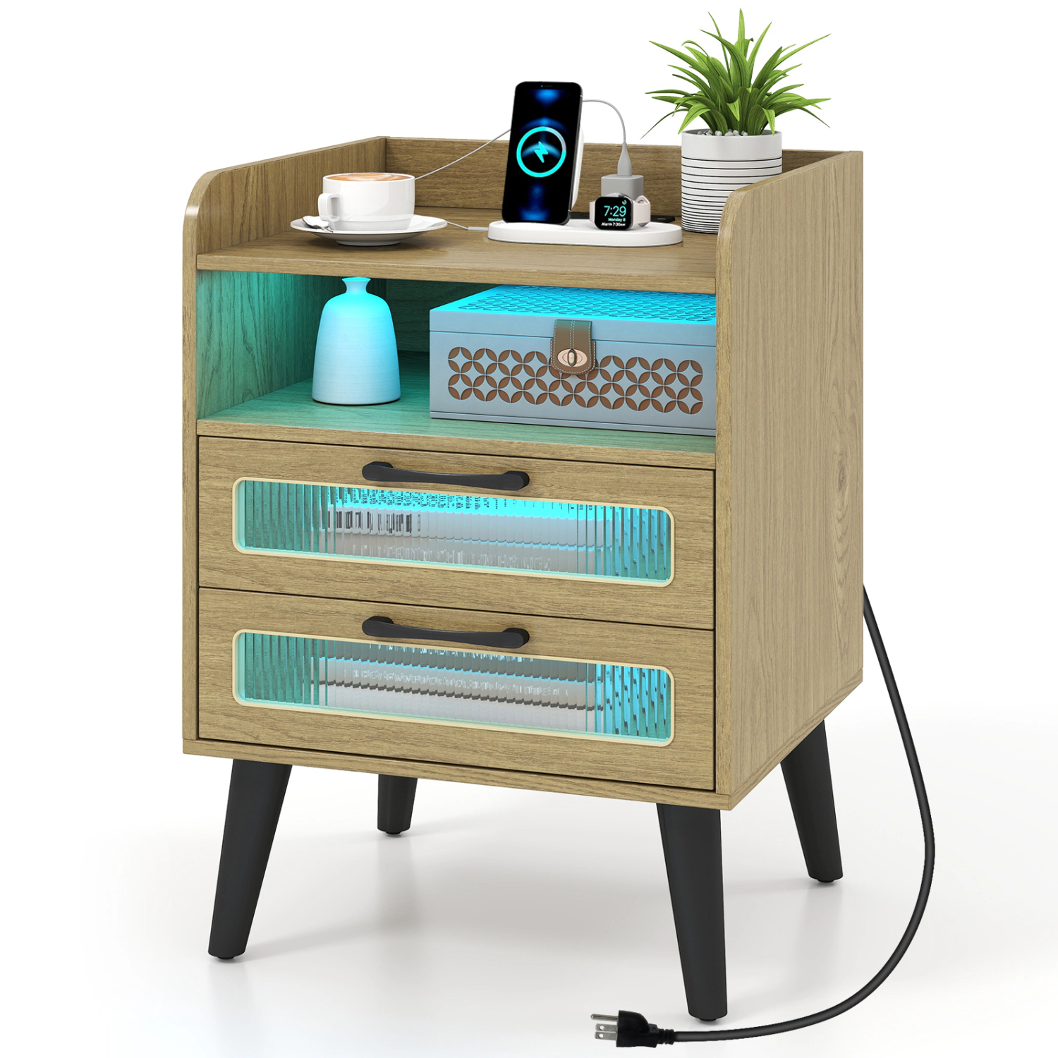 Glintex Mid-Century LED Nightstand with Fluted Drawer Fronts and Anti-Drop Stoppers