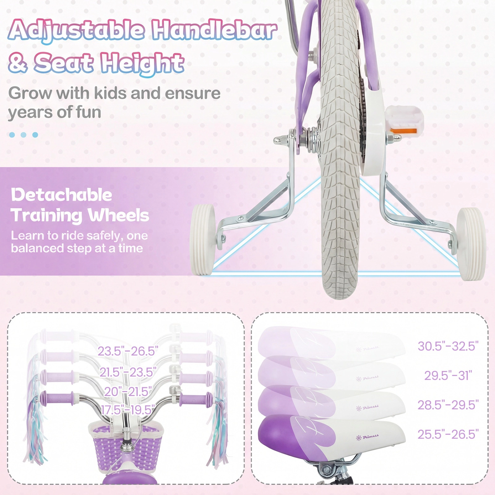 SUGIFT Adjustable 14-In Kids Bicycle Basket & Streamers 110-lb Seat Capacity Ages 3-5 Purple Princess of the Sea Theme