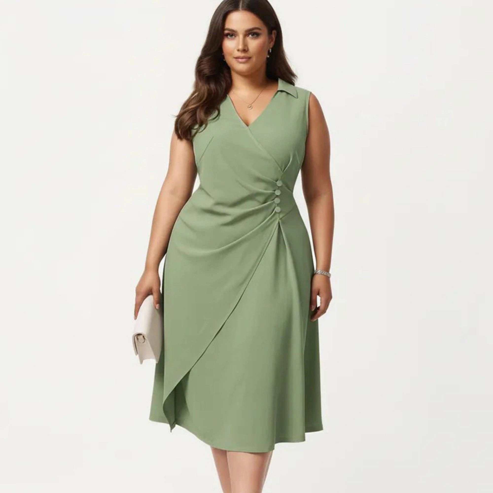 Anna-Kaci Women's Plus Sleeveless Wrap Side Button Detail V Neck Structured Flowy Midi Dress