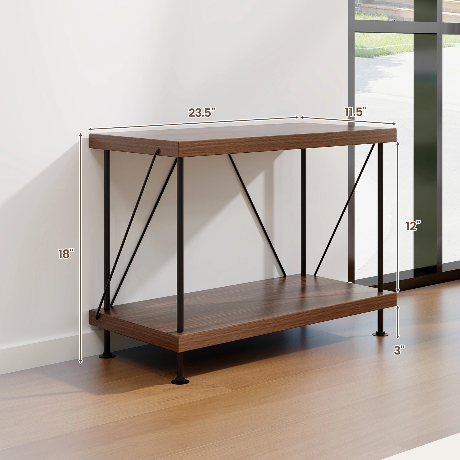 SUGIFT 2-Tier Walnut 18-in Small Bookshelf Storage Shelf with Metal Frame and Multipurpose Display Rack