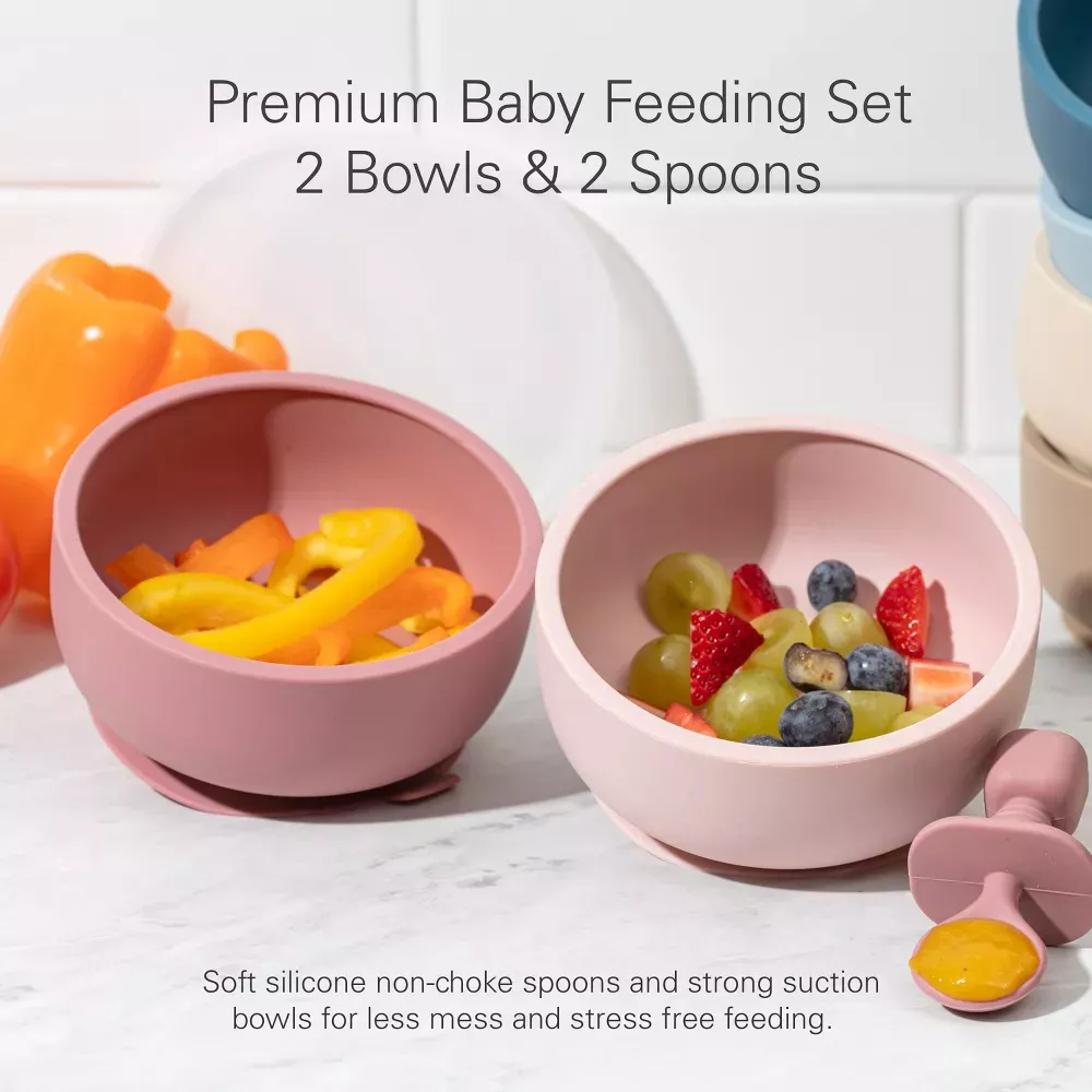 Sperric Silicone Baby Feeding Set - Suction Bowls w/ Lids & Spoons, Waterproof Baby Bibs, Stacking Teether Toys BPA‑Free