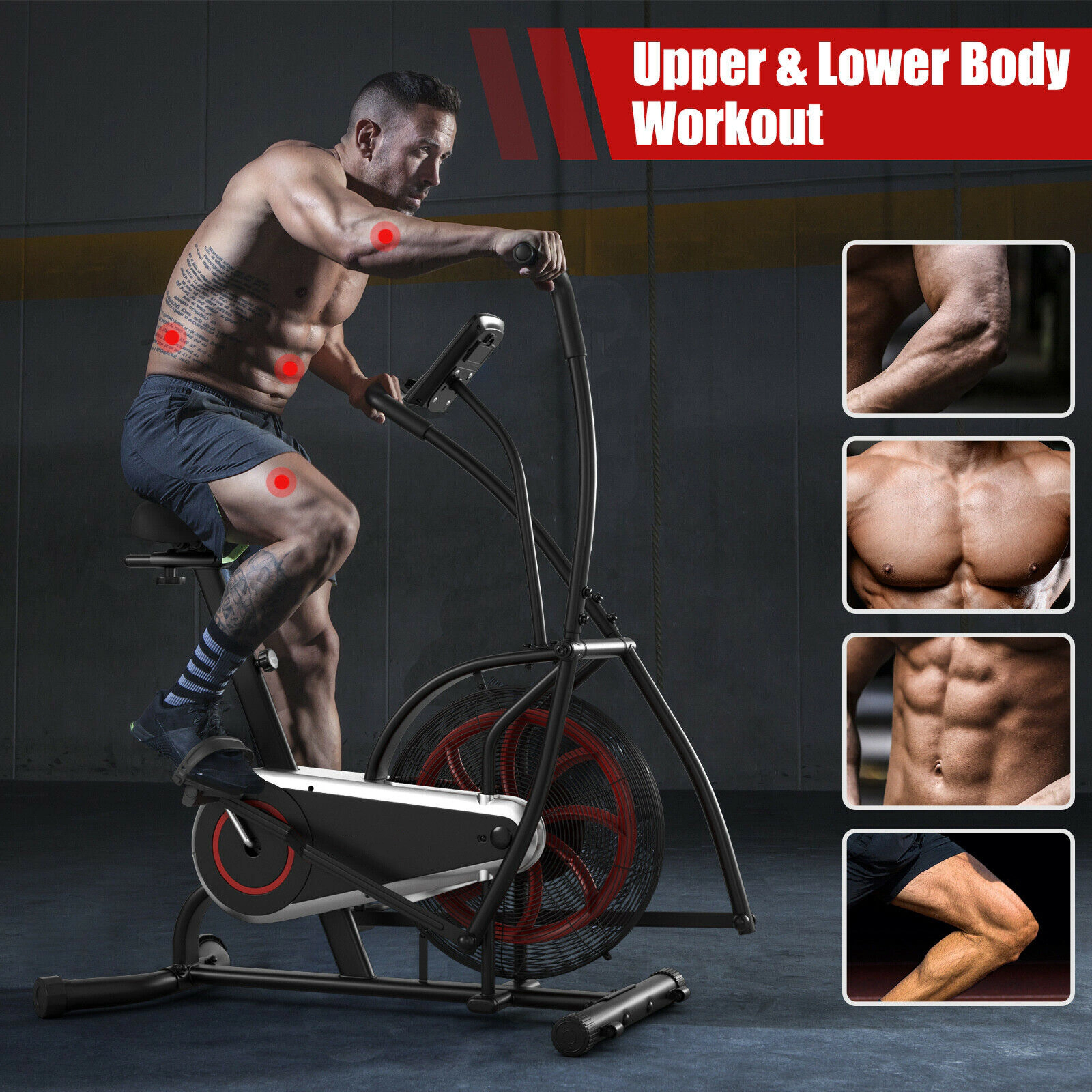 SUGIFT Unlimited Resistance Upright Air Bike Ab Machine 242.5-lb Capacity LCD Monitor Black and Red