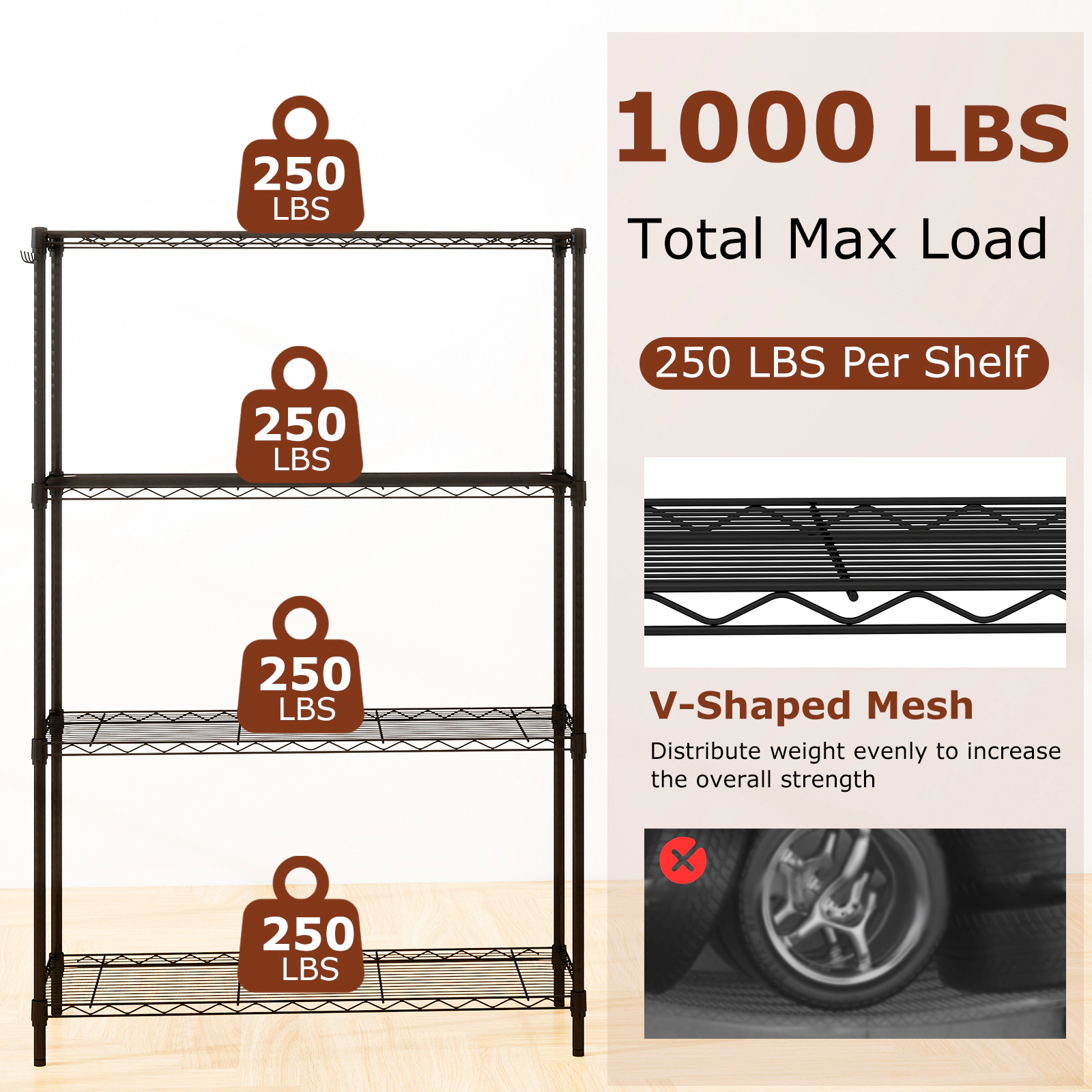 SUGIFT 4-Tier Adjustable Storage Shelving Unit with V-Shaped Wire Rack 1000-lb Total Capacity 250-lb Per Shelf Black