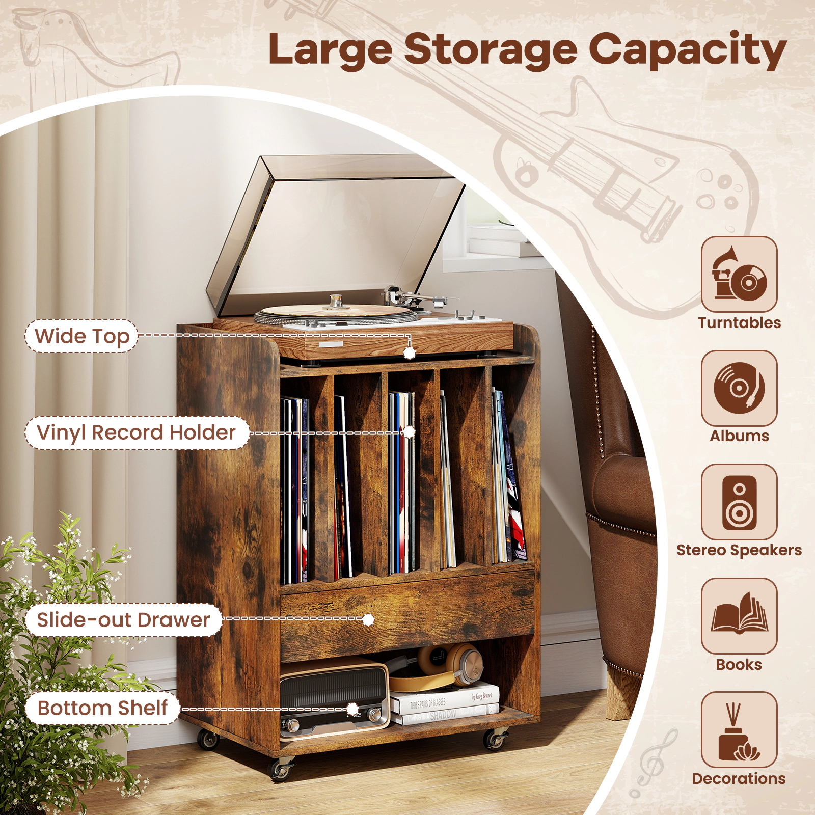 SUGIFT Record Player Stand Turntable Accent Cabinet with Drawer and Record Holder 66-lb Tabletop Capacity Brown