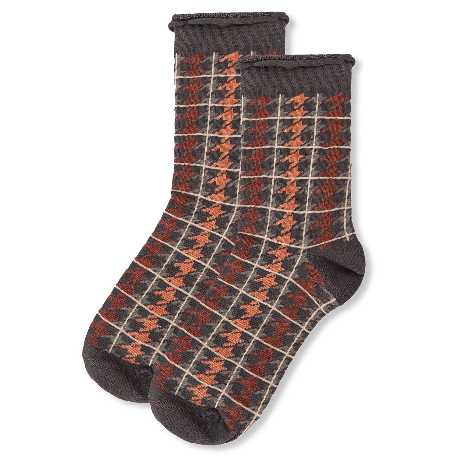 MeMoi Women's Houndstooth Plaid Roll Cuff Crew Socks