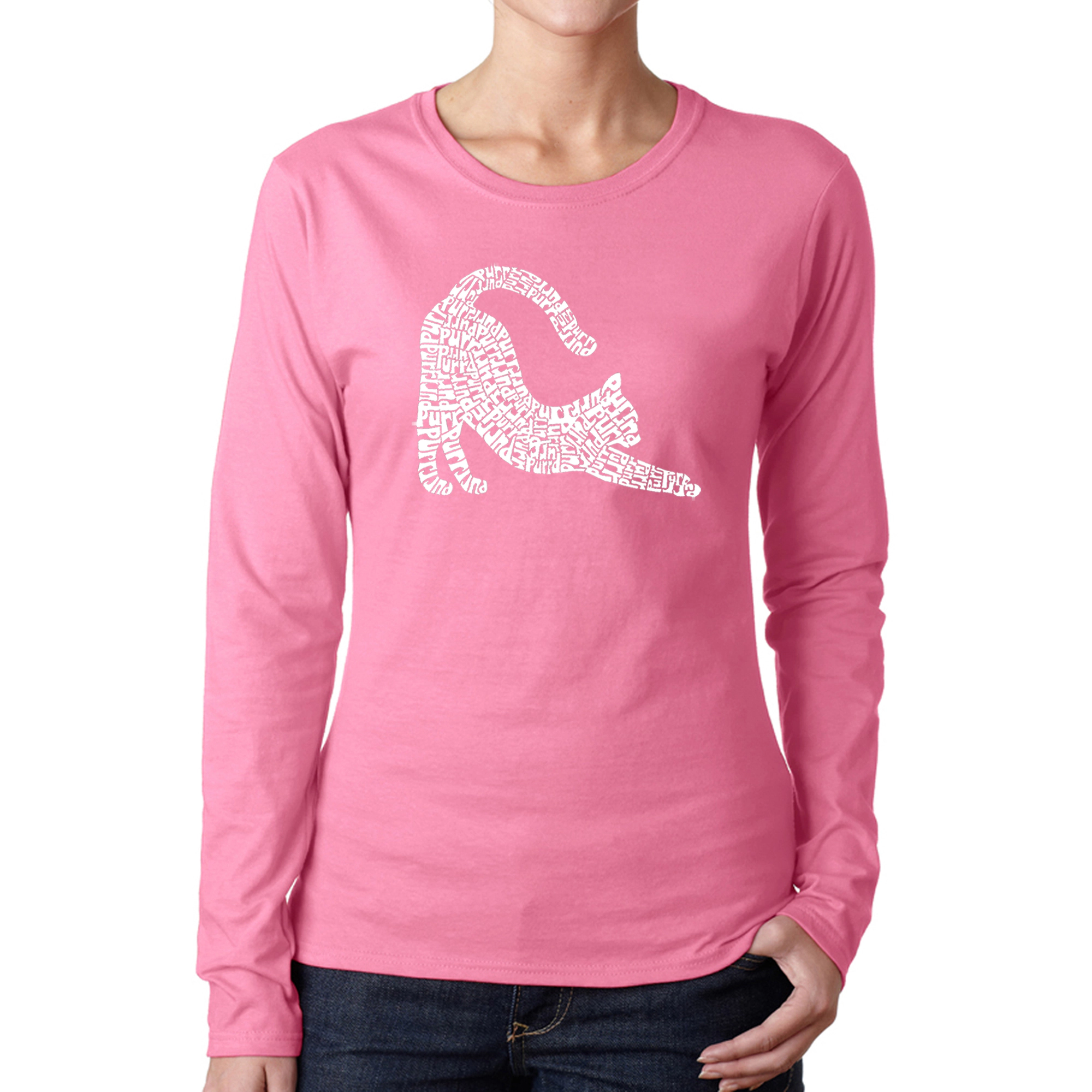 LA Pop Art Women's Word Art Long Sleeve T-Shirt - Stretching Cat