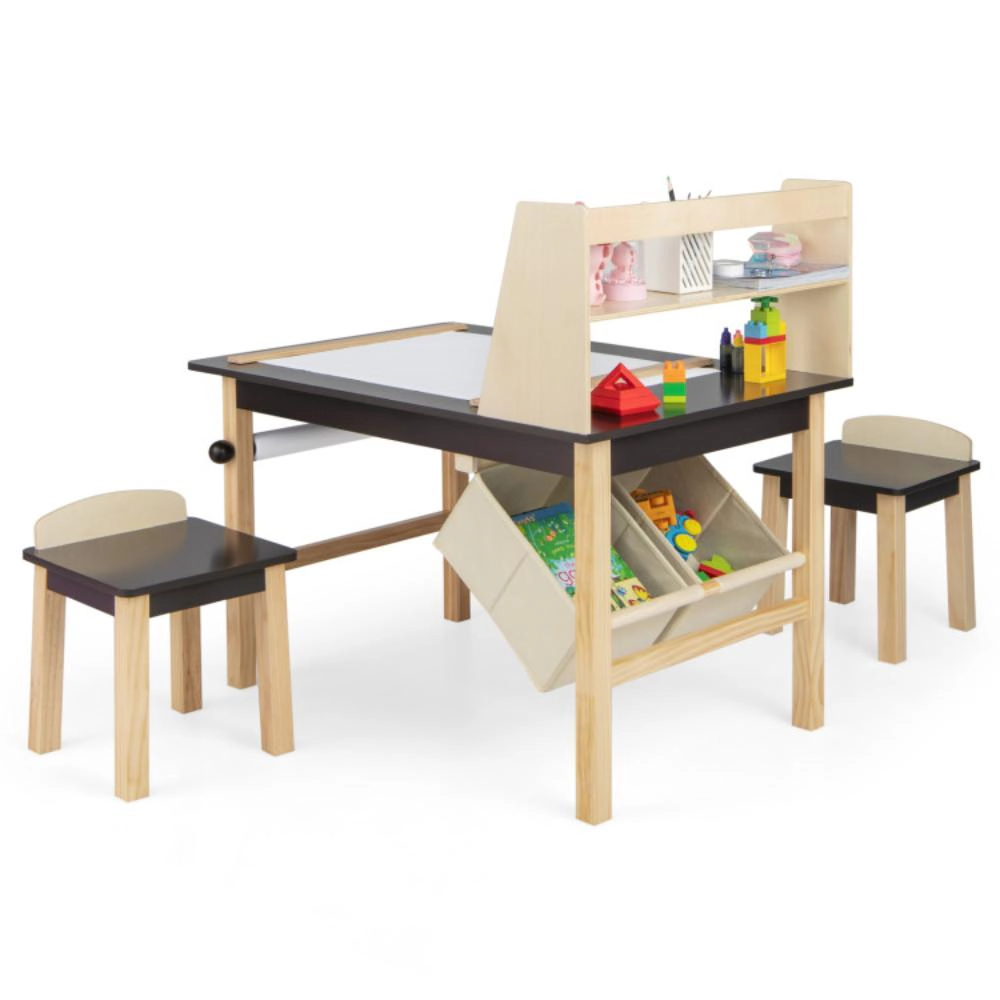 Hivvago Kids Art Table And Chairs Set With Paper Roll And Storage Bins-Coffee