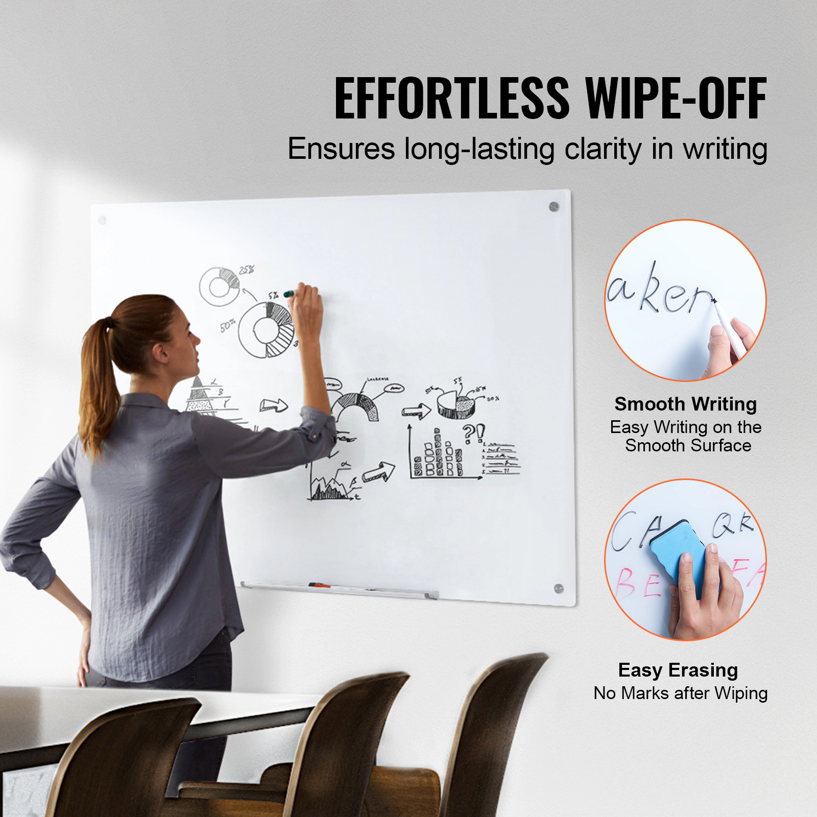 HONGGE Magnetic Glass Whiteboard Dry Erase Board Wall-Mounted Large White Glassboard Frameless with Marker Tray an