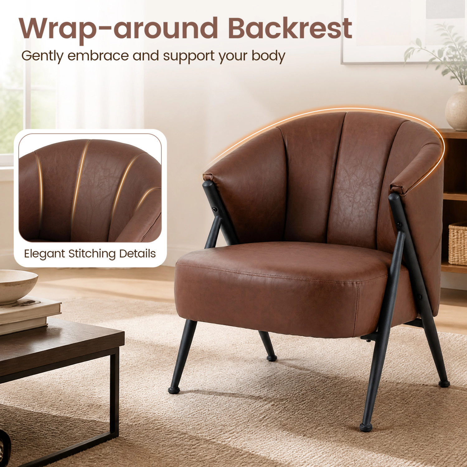 LJG Mid Century Modern Accent Chair with Curved Backrest and Wide Seat Comfy Armchair